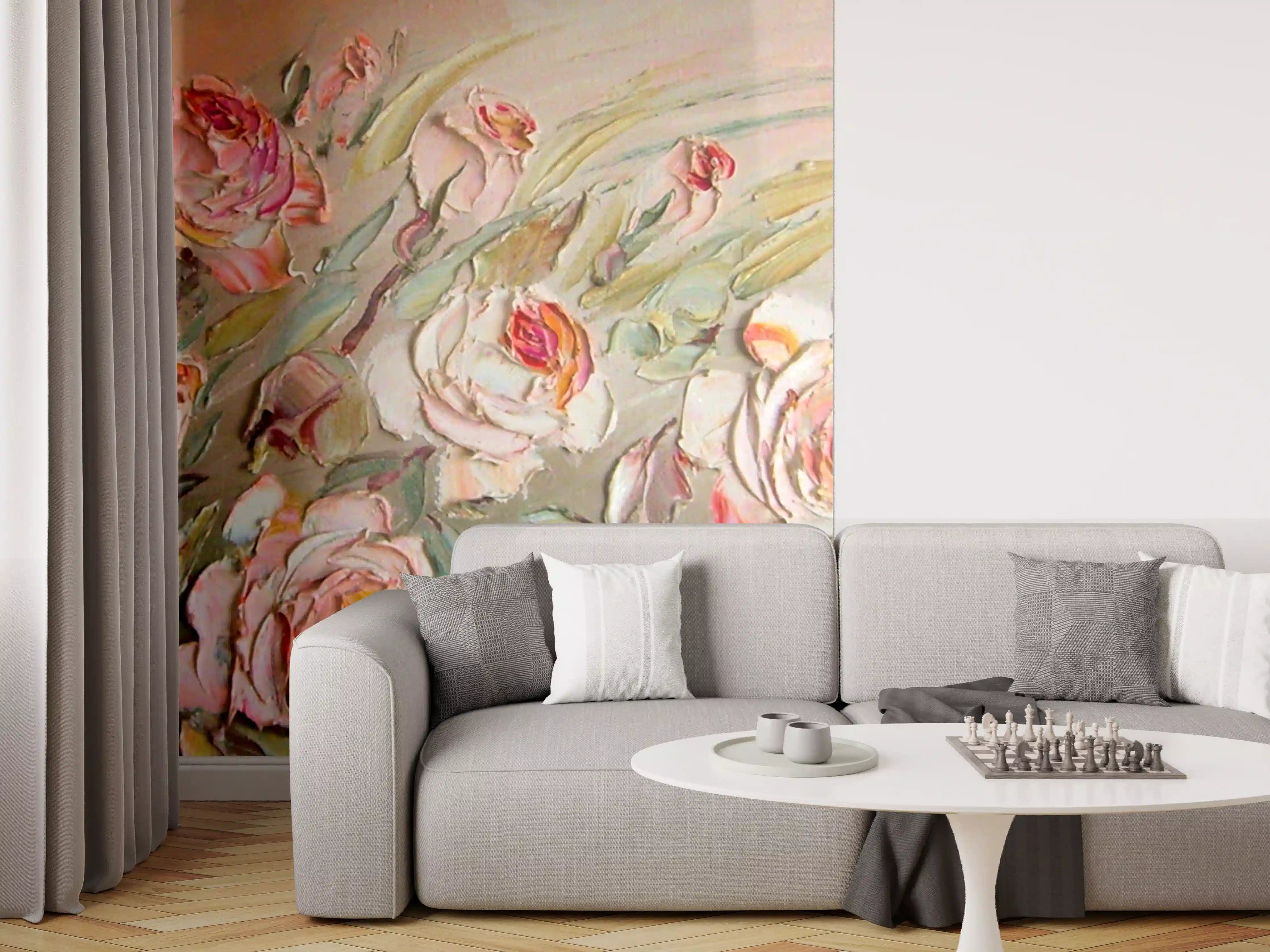 Wandverkleidung Wohnzimmer - Blumenmeer in zarten Pastelltönen