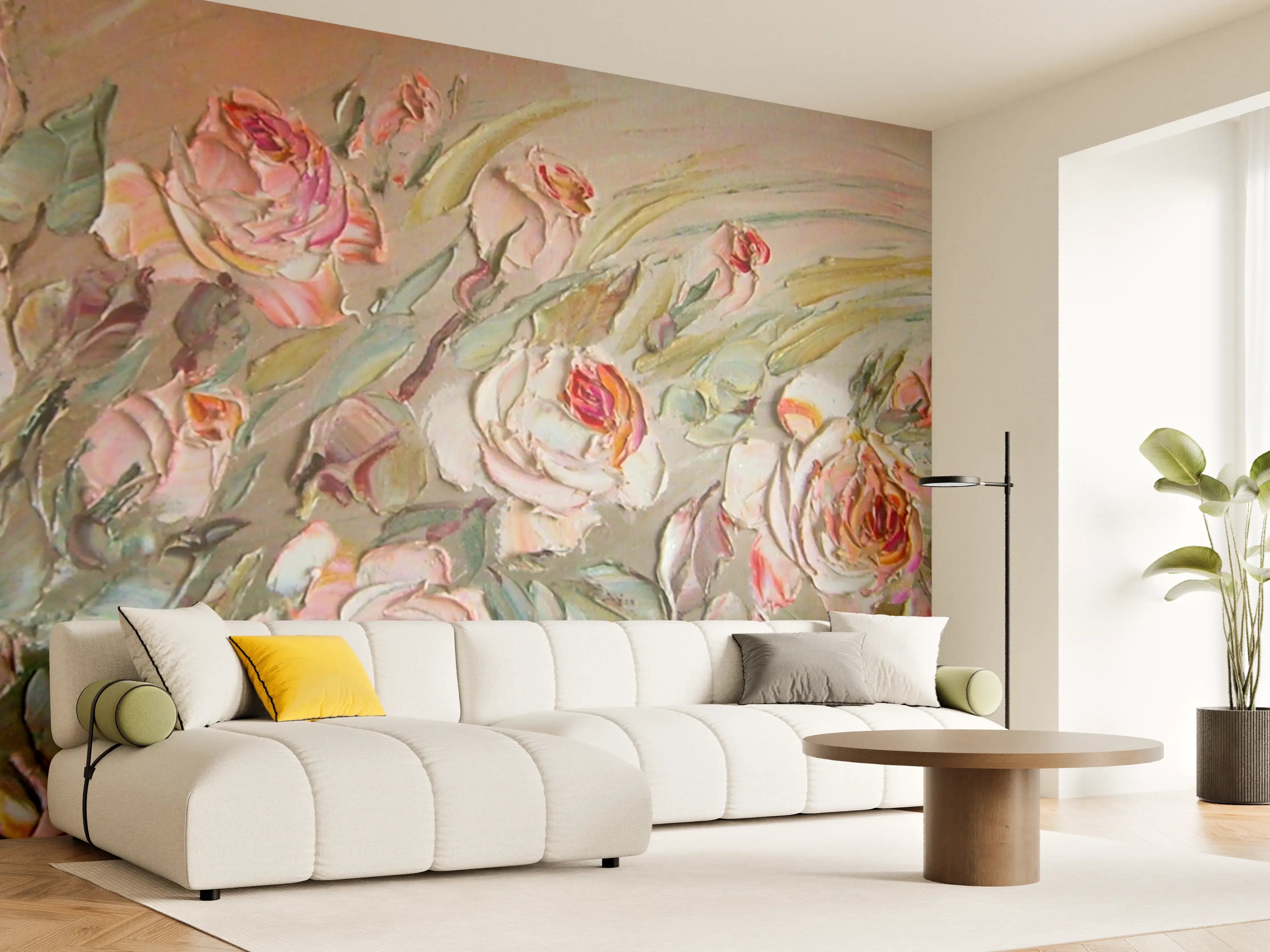 Wandverkleidung Wohnzimmer - Blumenmeer in zarten Pastelltönen