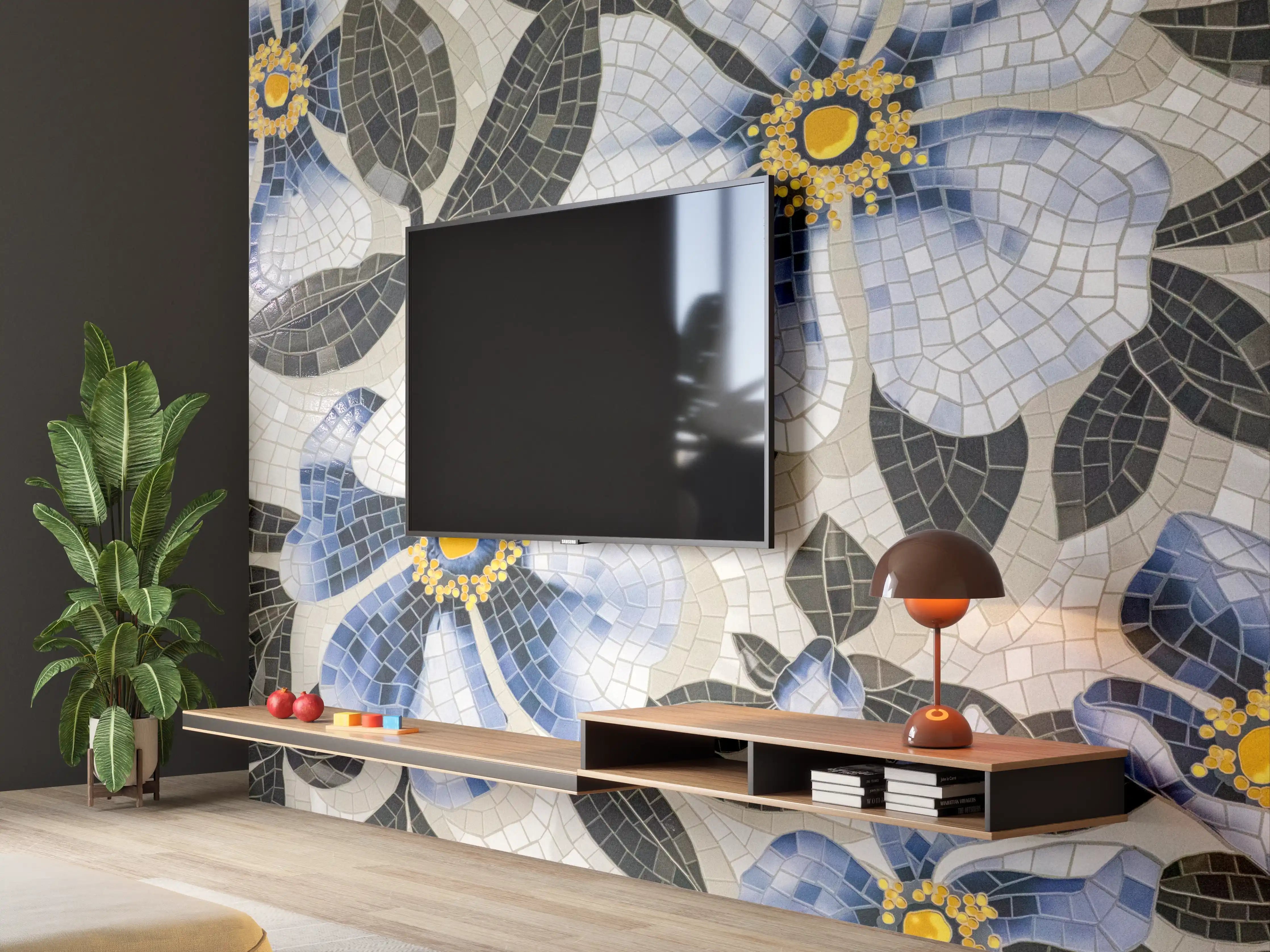 Wandverkleidung Wohnzimmer - Blumenmosaik in Grau-Blau-Tönen