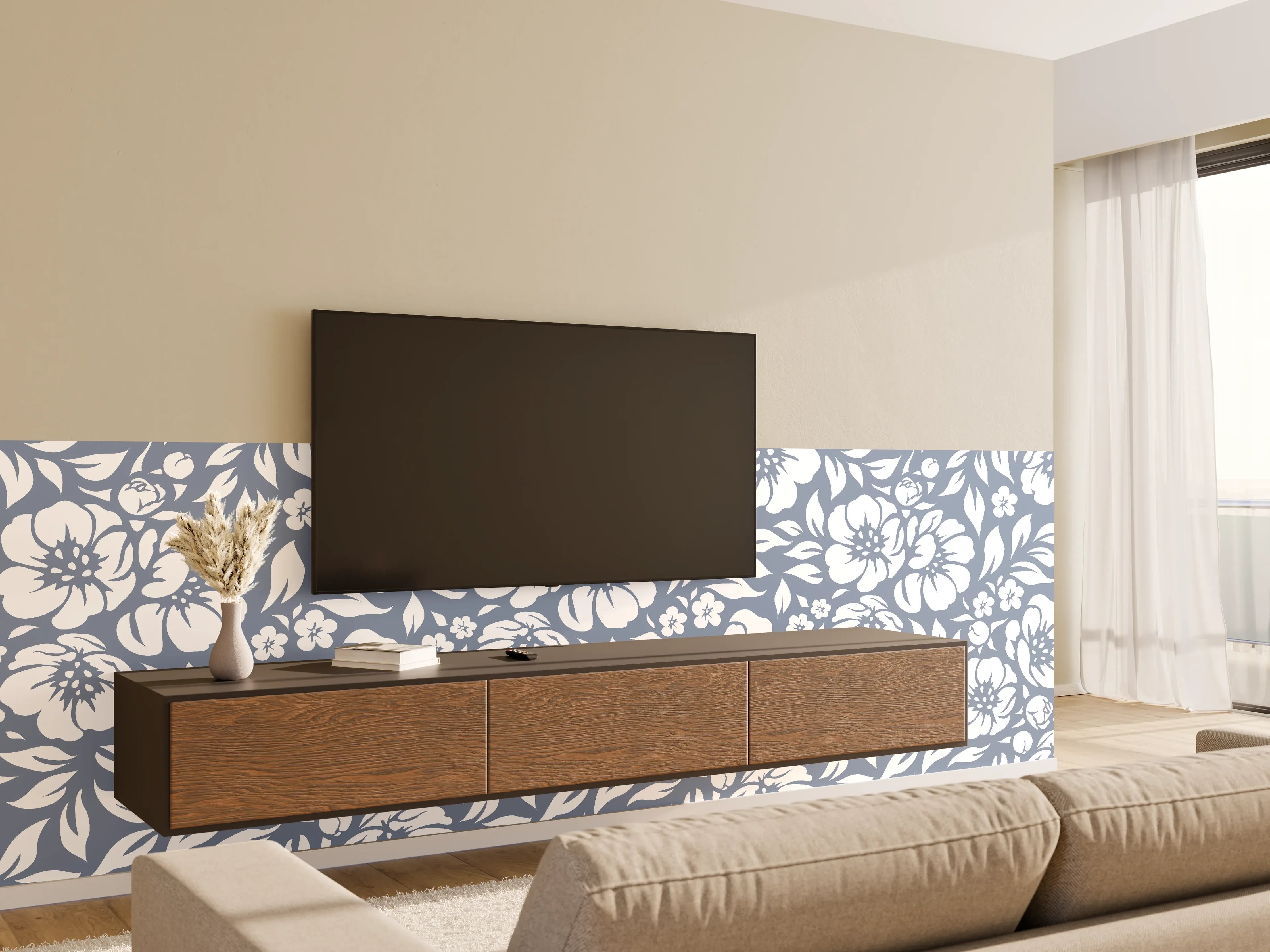 Wandverkleidung Wohnzimmer - Blumenmuster Design in Blau und Weiß