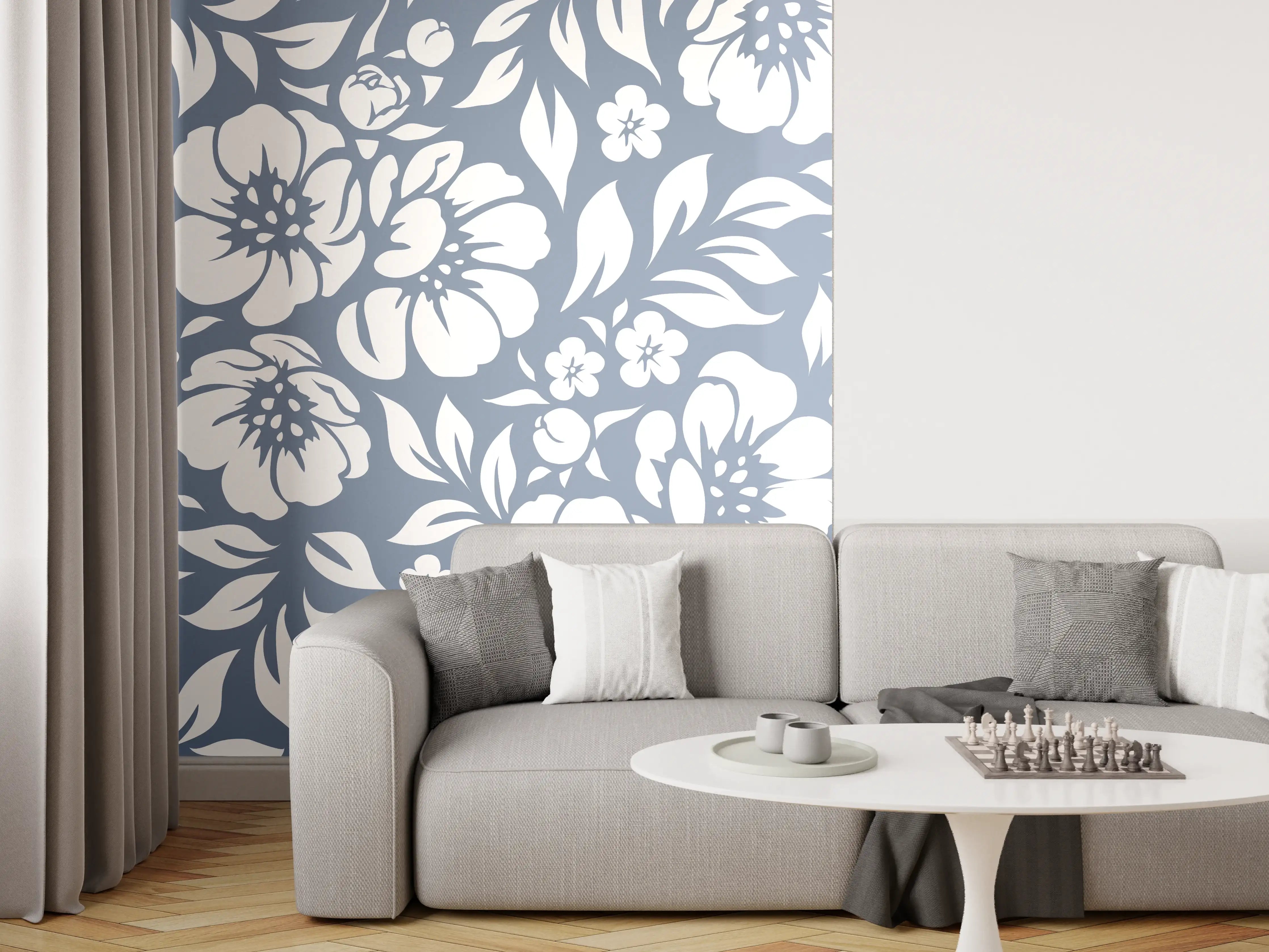 Wandverkleidung Wohnzimmer - Blumenmuster Design in Blau und Weiß
