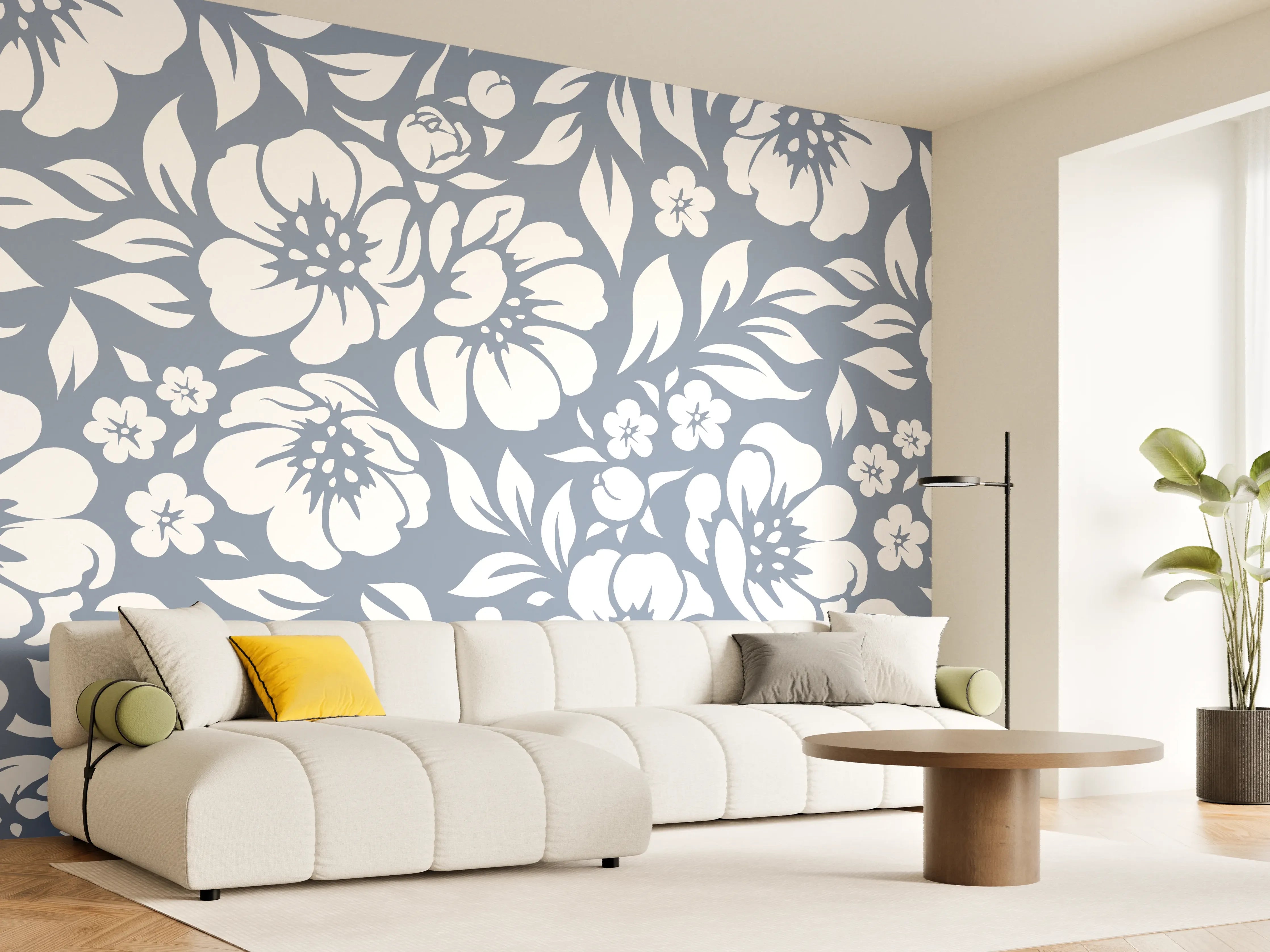 Wandverkleidung Wohnzimmer - Blumenmuster Design in Blau und Weiß
