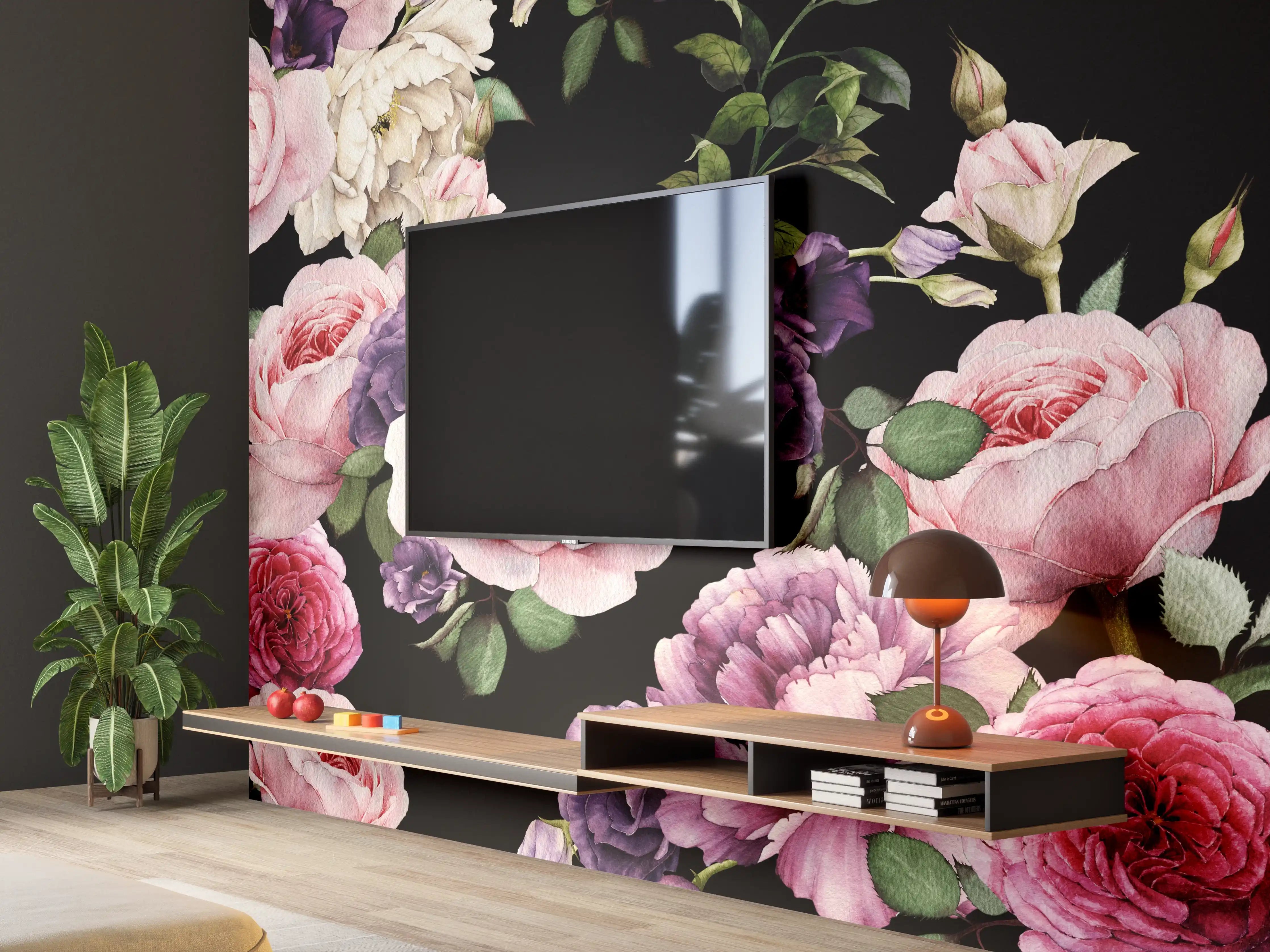 Wandverkleidung Wohnzimmer - Blumenmuster Design mit Rosen und Flieder auf dunklem Hintergrund