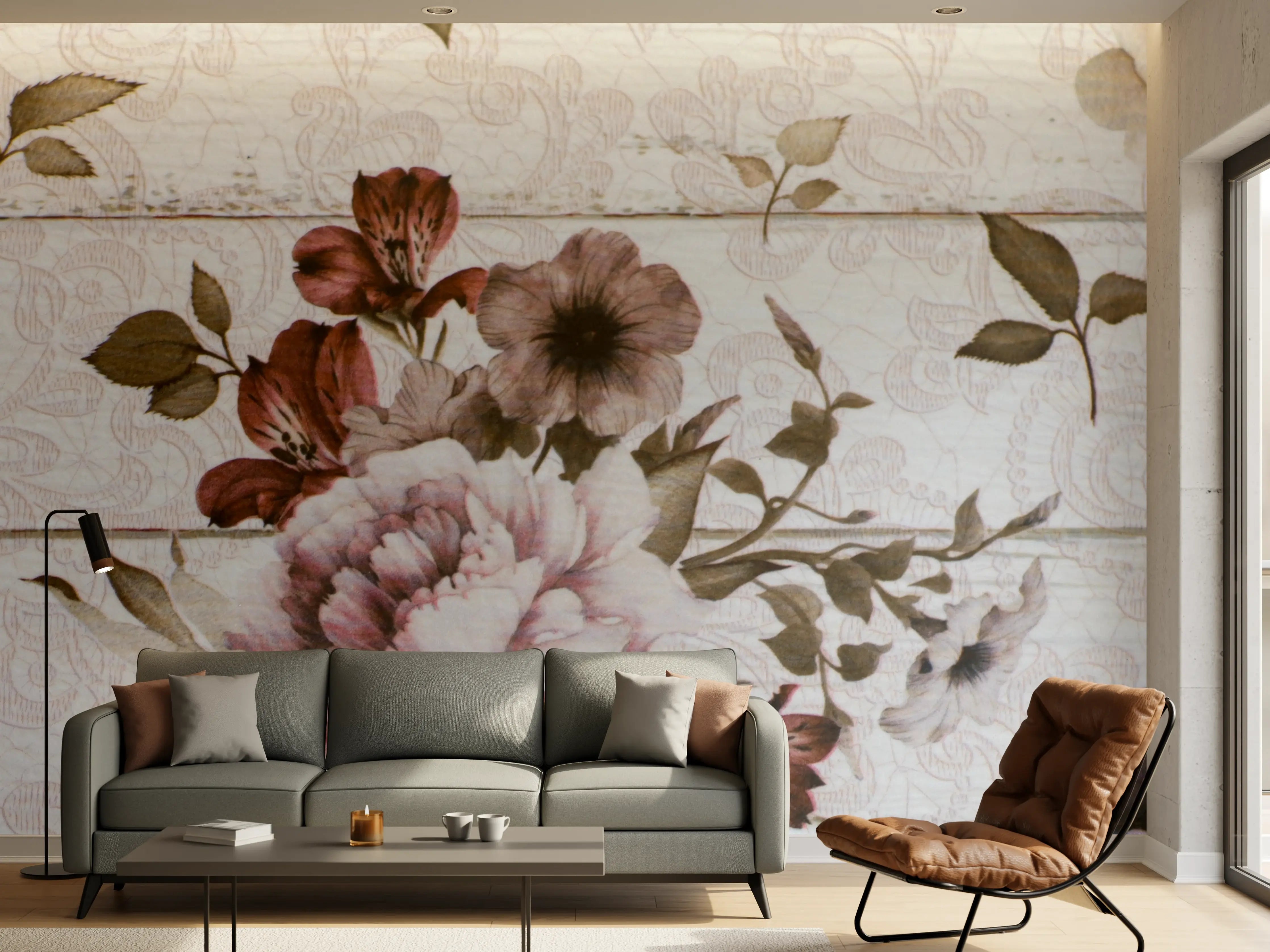 Wandverkleidung Wohnzimmer - Blumenmuster Holzoptik Wandbild