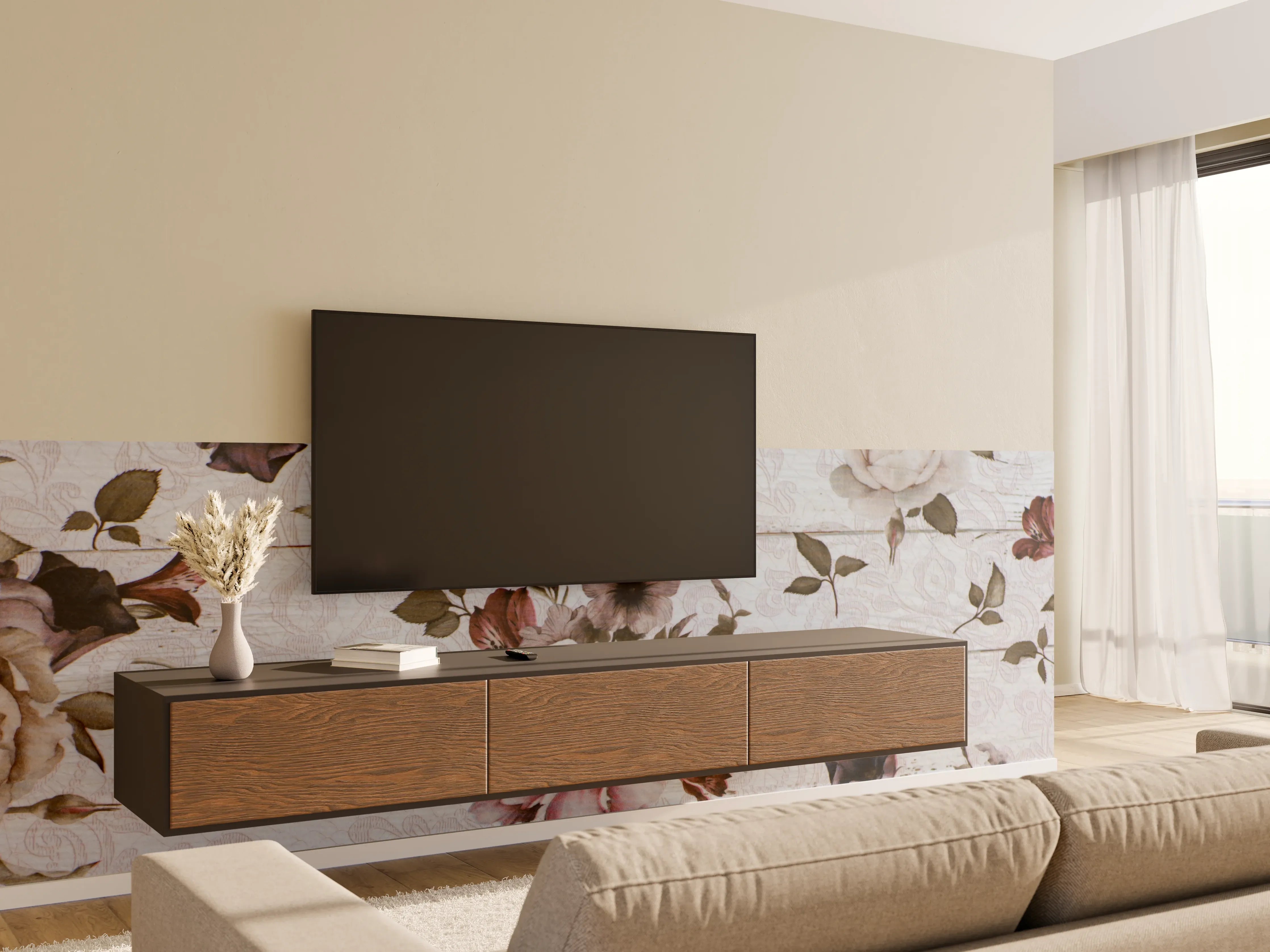 Wandverkleidung Wohnzimmer - Blumenmuster Holzoptik Wandbild