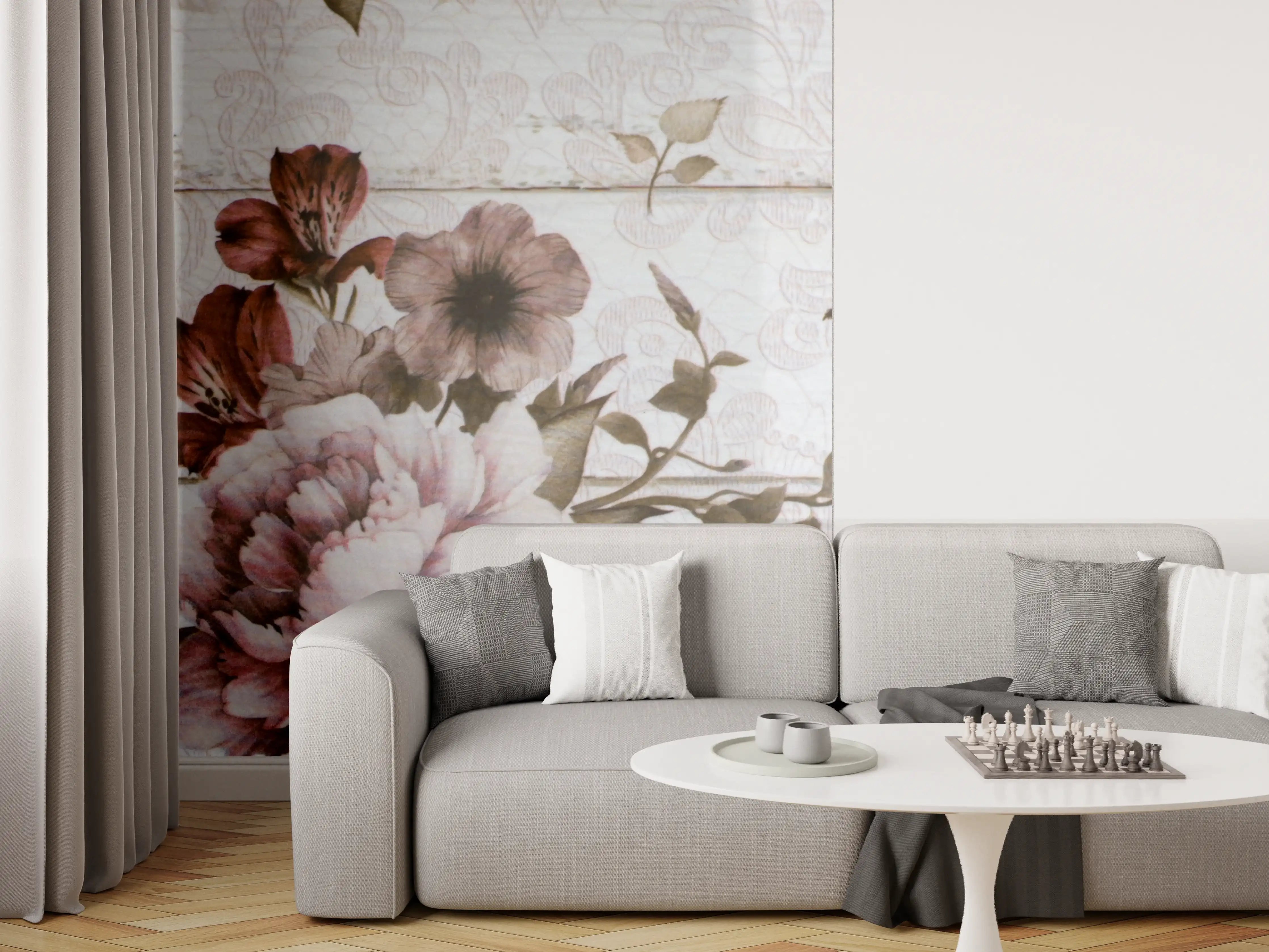 Wandverkleidung Wohnzimmer - Blumenmuster Holzoptik Wandbild