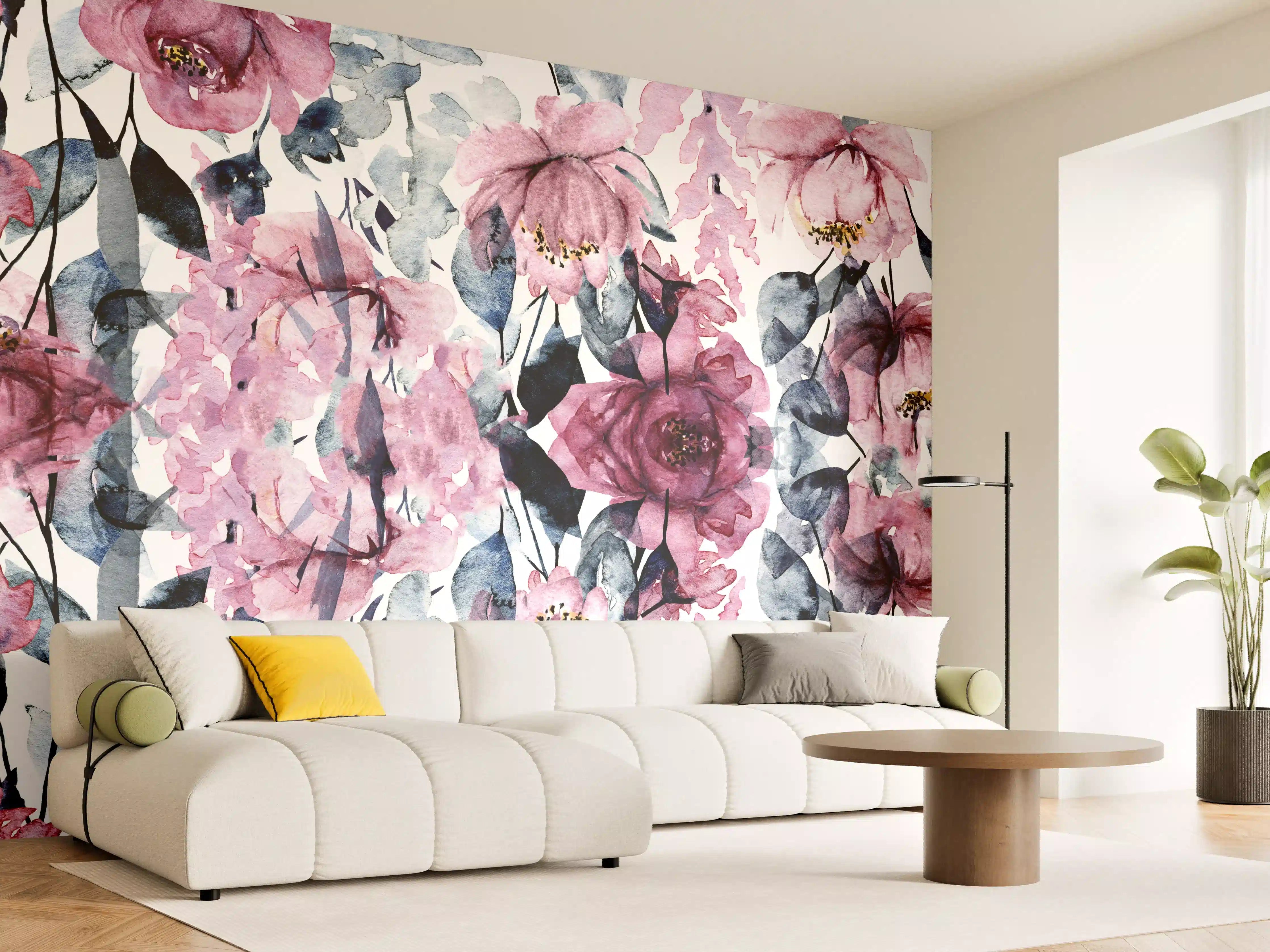 Wandverkleidung Wohnzimmer - Blumenmuster im Wasserfarbenstil mit Pink- und Grautönen
