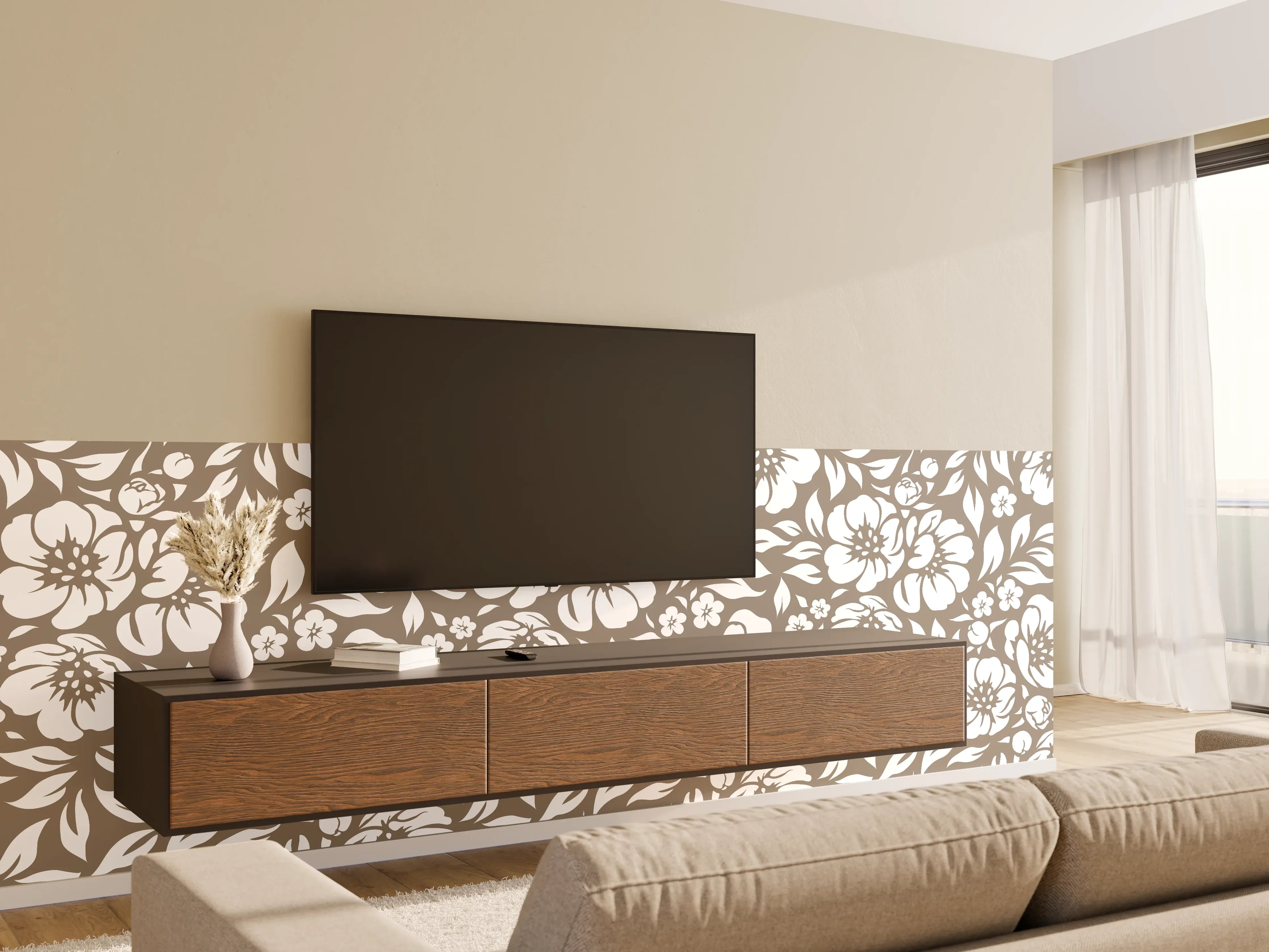 Wandverkleidung Wohnzimmer - Blumenmuster in Beige und Weiß