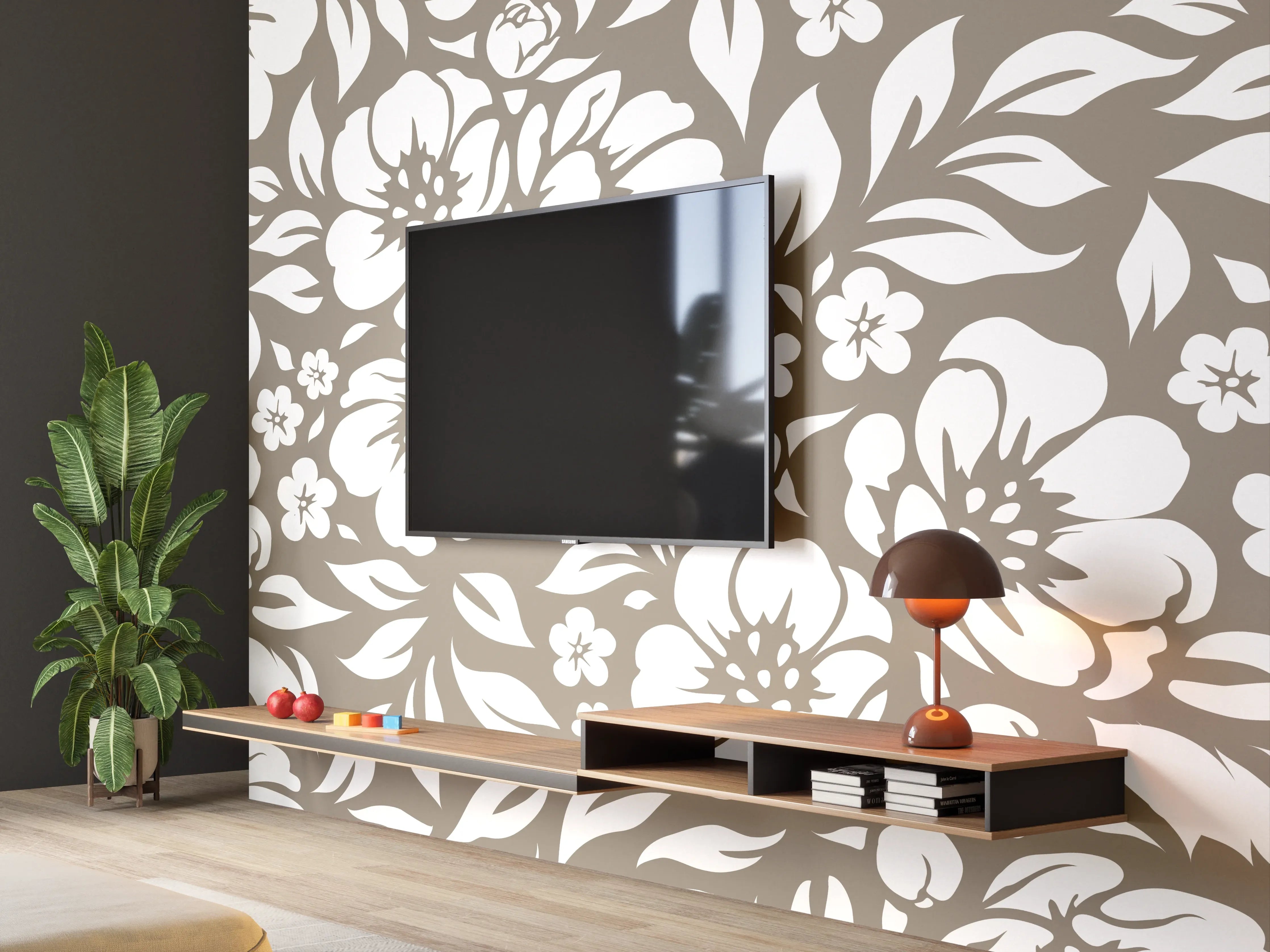 Wandverkleidung Wohnzimmer - Blumenmuster in Beige und Weiß