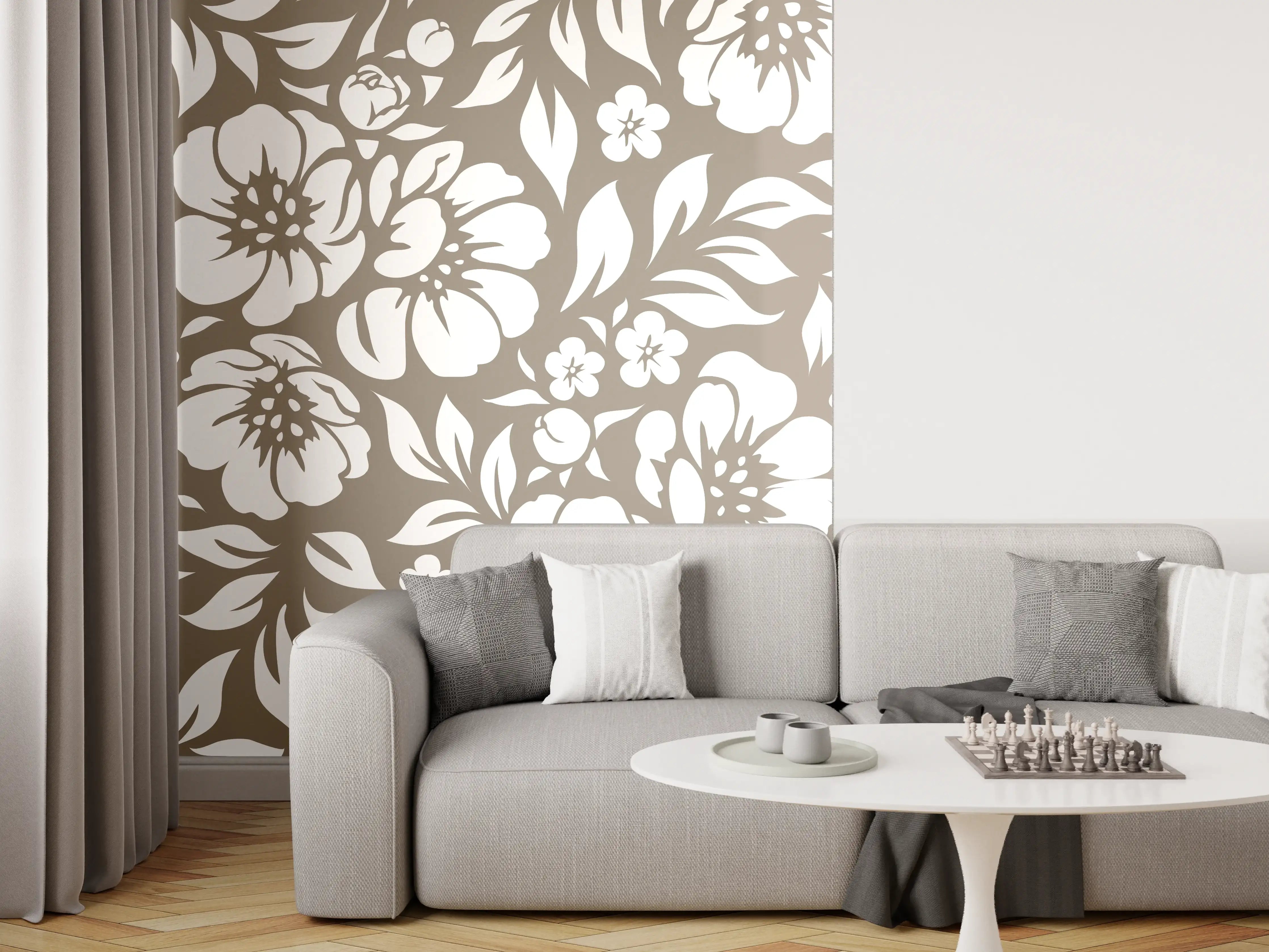 Wandverkleidung Wohnzimmer - Blumenmuster in Beige und Weiß