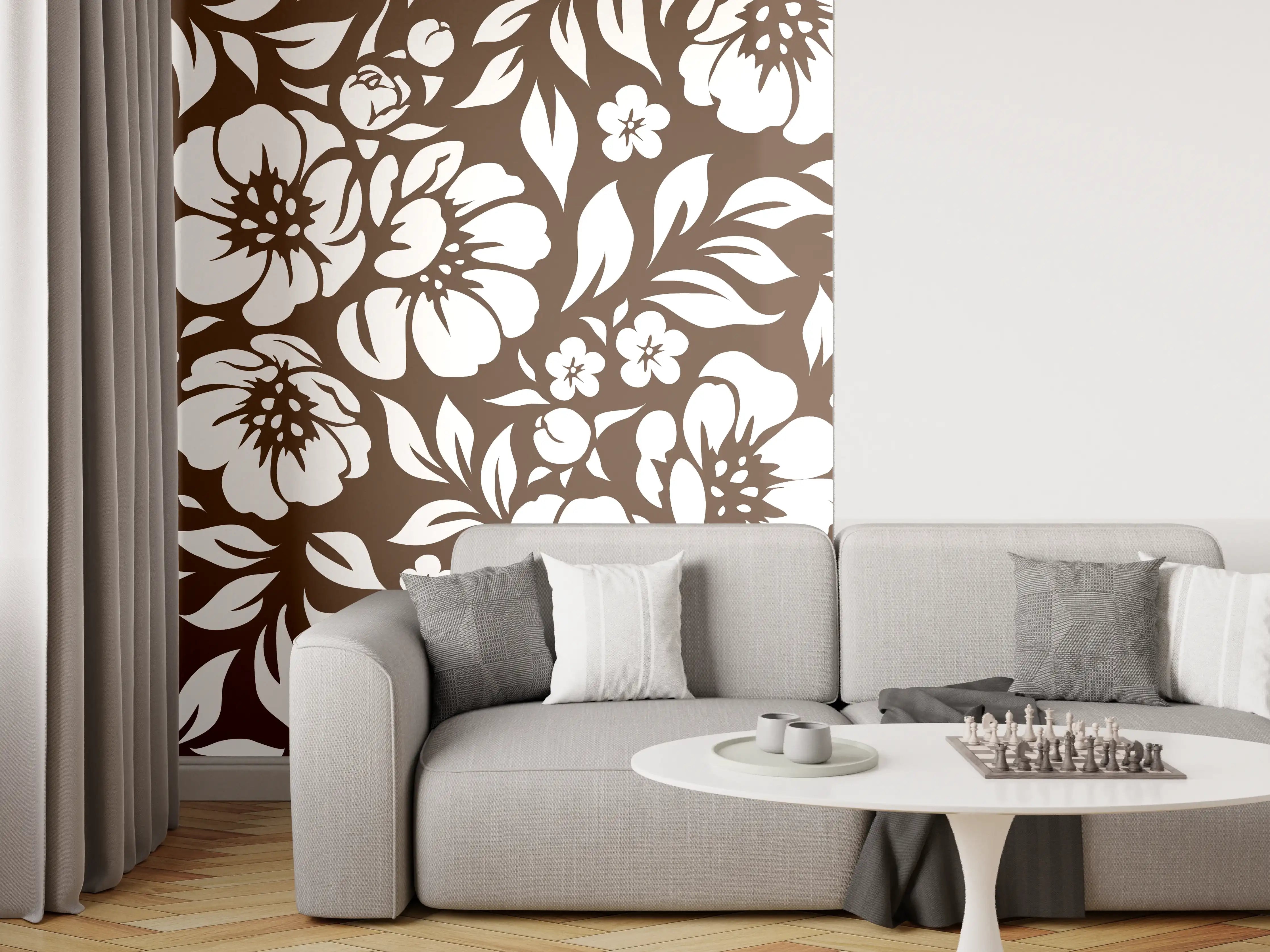 Wandverkleidung Wohnzimmer - Blumenmuster in Braun und Weiß