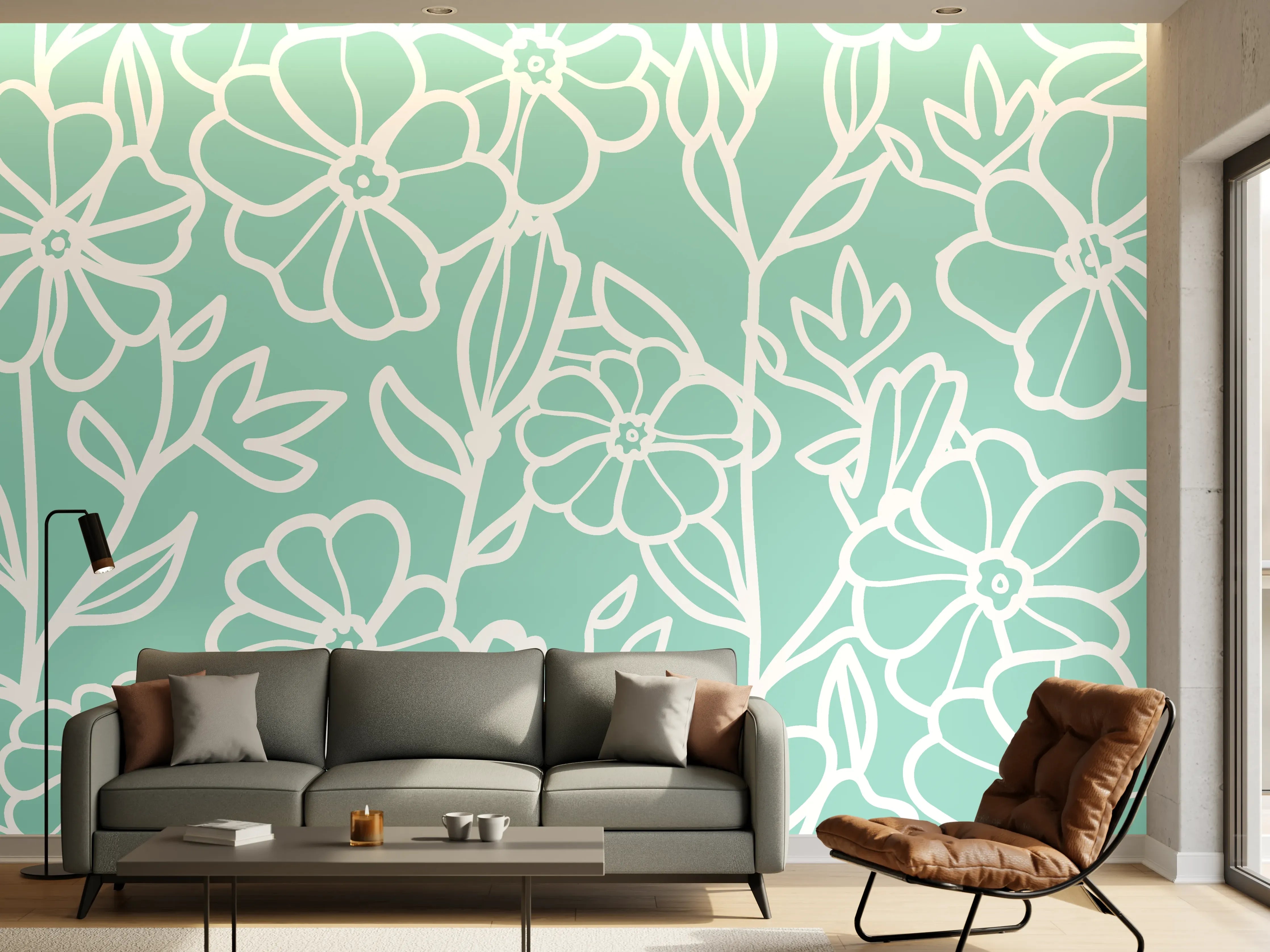 Wandverkleidung Wohnzimmer - Blumenmuster in Pastellblau mit feinen Linien