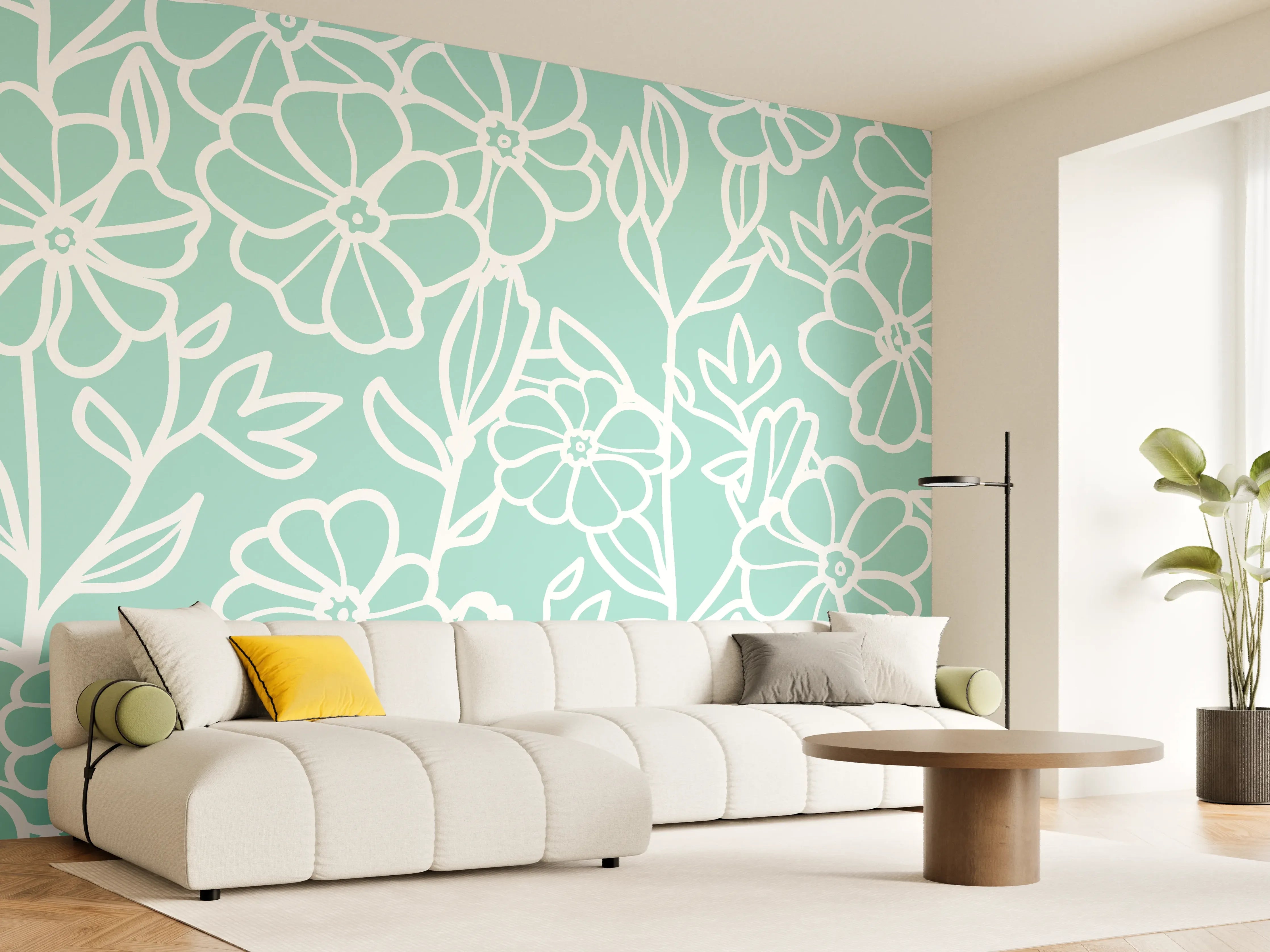 Wandverkleidung Wohnzimmer - Blumenmuster in Pastellblau mit feinen Linien