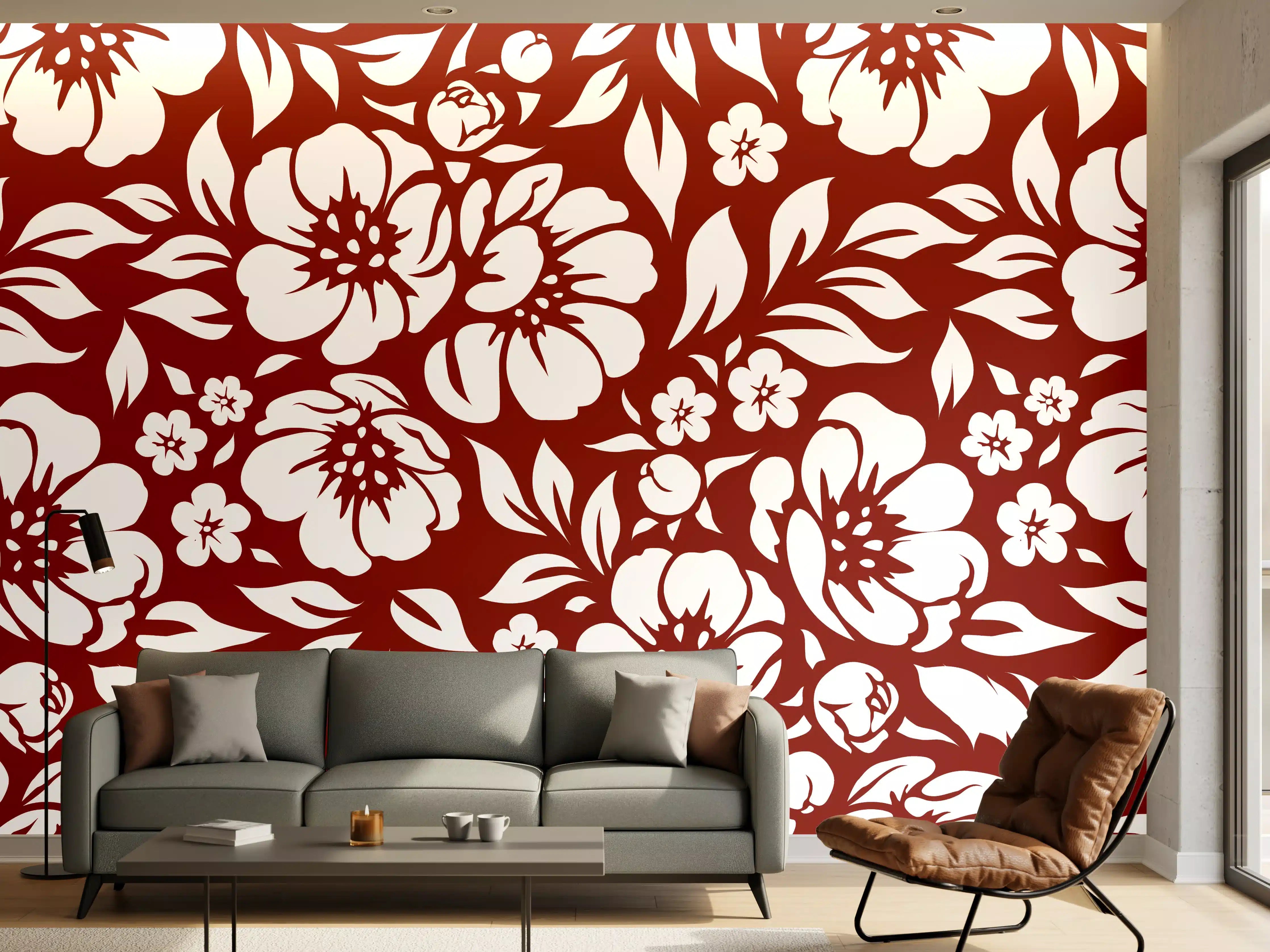Wandverkleidung Wohnzimmer - Blumenmuster in Rot und Weiß - Elegant & Zeitlos