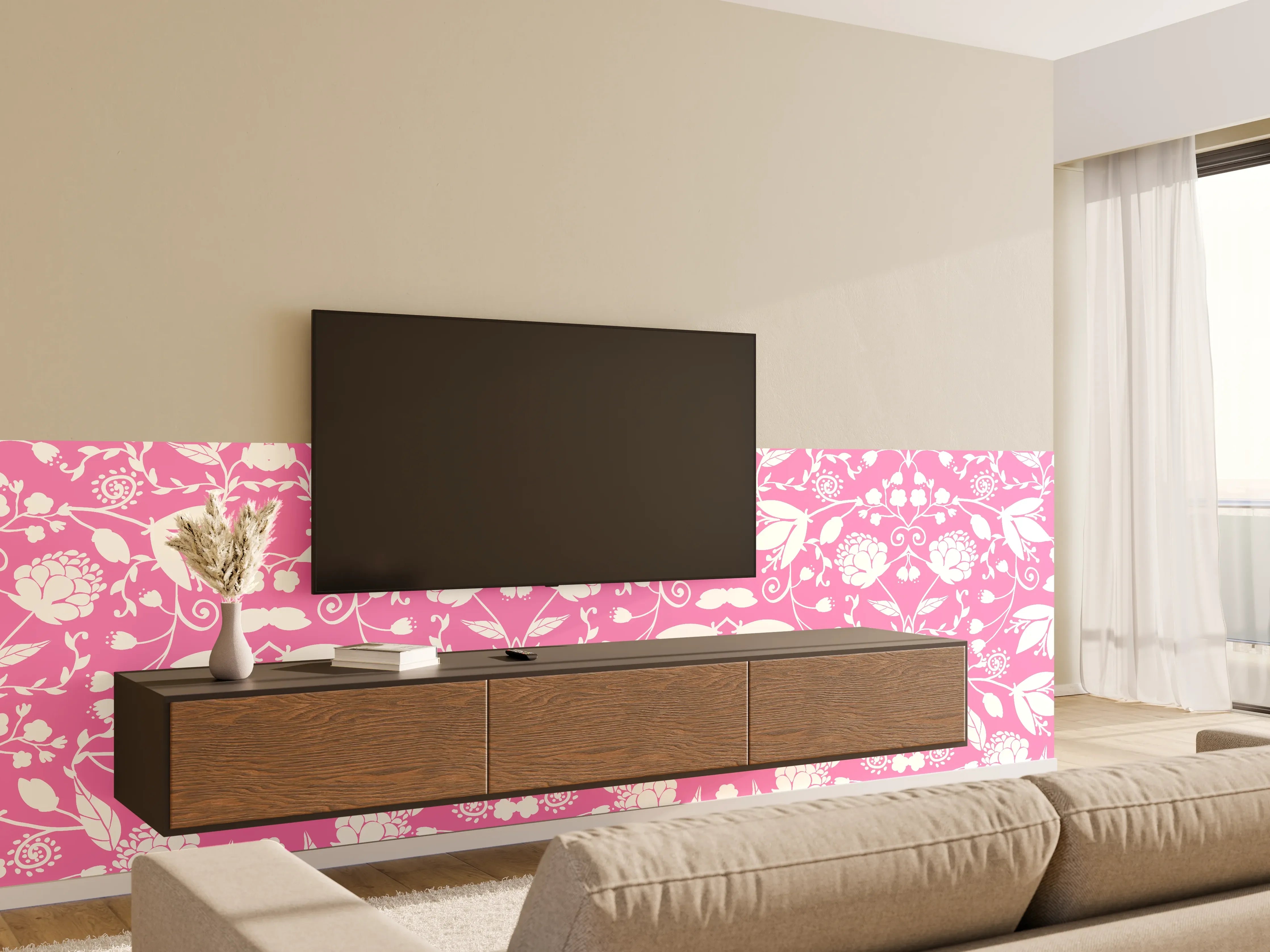 Wandverkleidung Wohnzimmer - Blumenmuster in zartem Pink