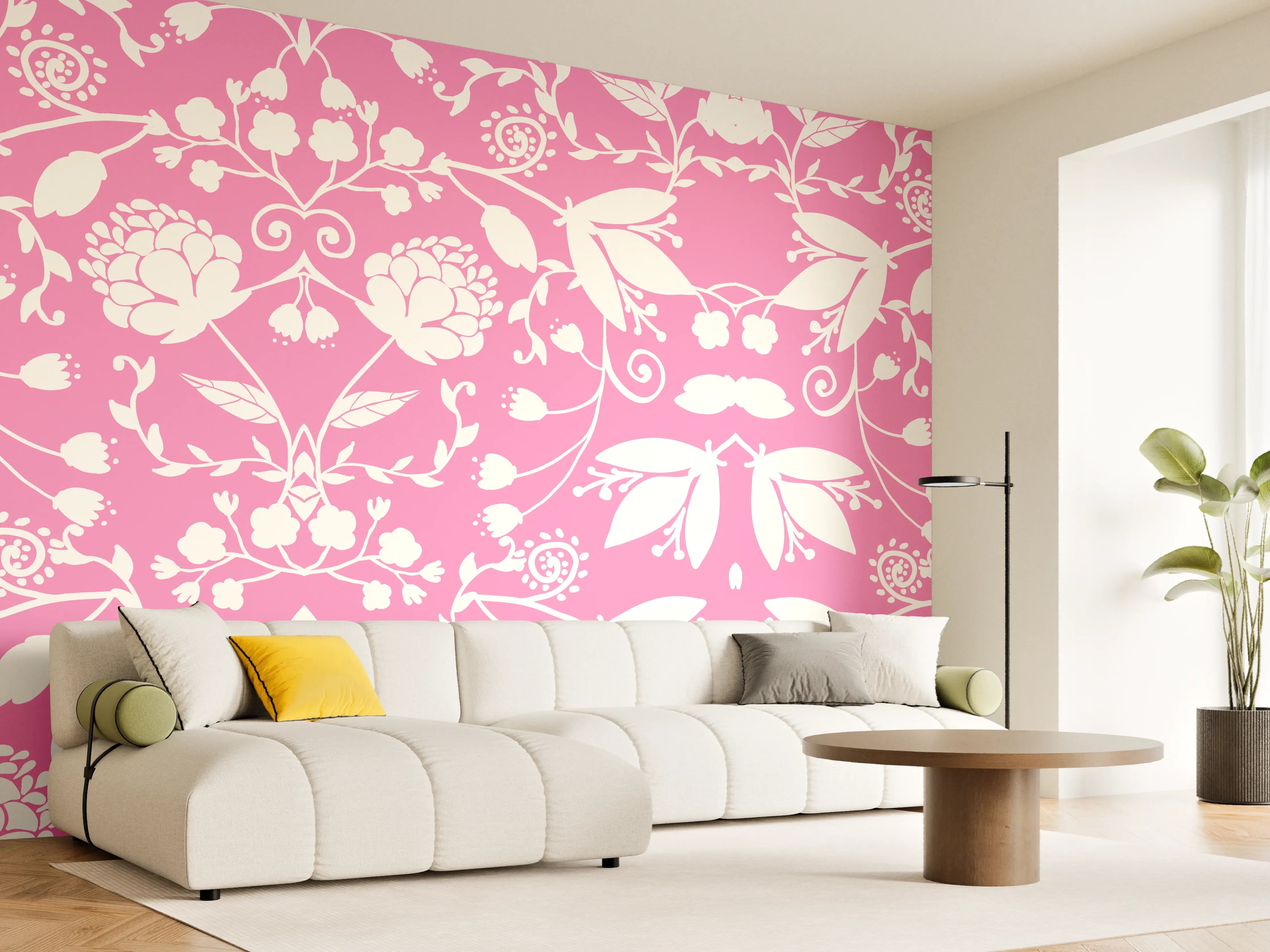 Wandverkleidung Wohnzimmer - Blumenmuster in zartem Pink