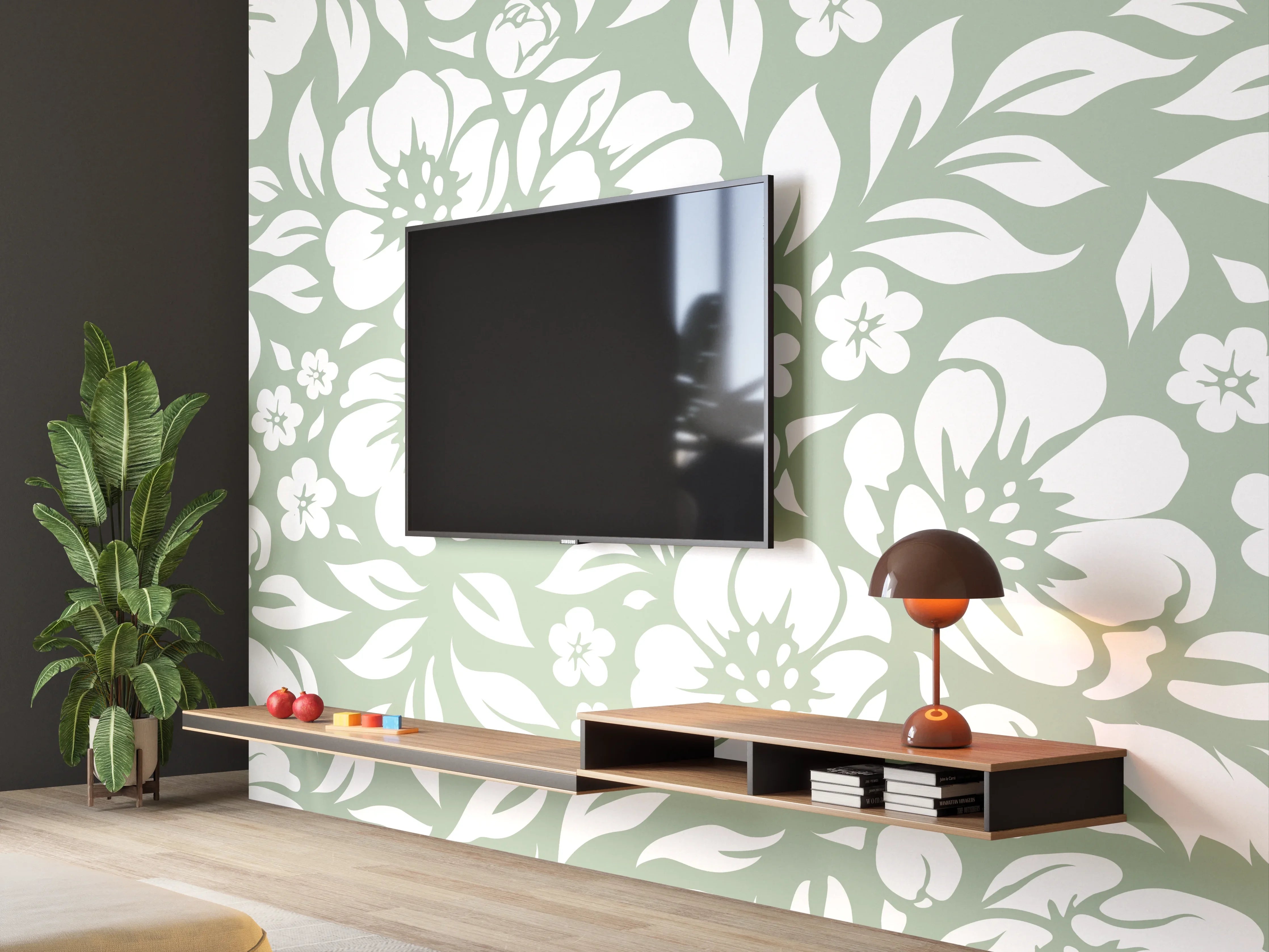 Wandverkleidung Wohnzimmer - Blumenmuster in zarten Tönen