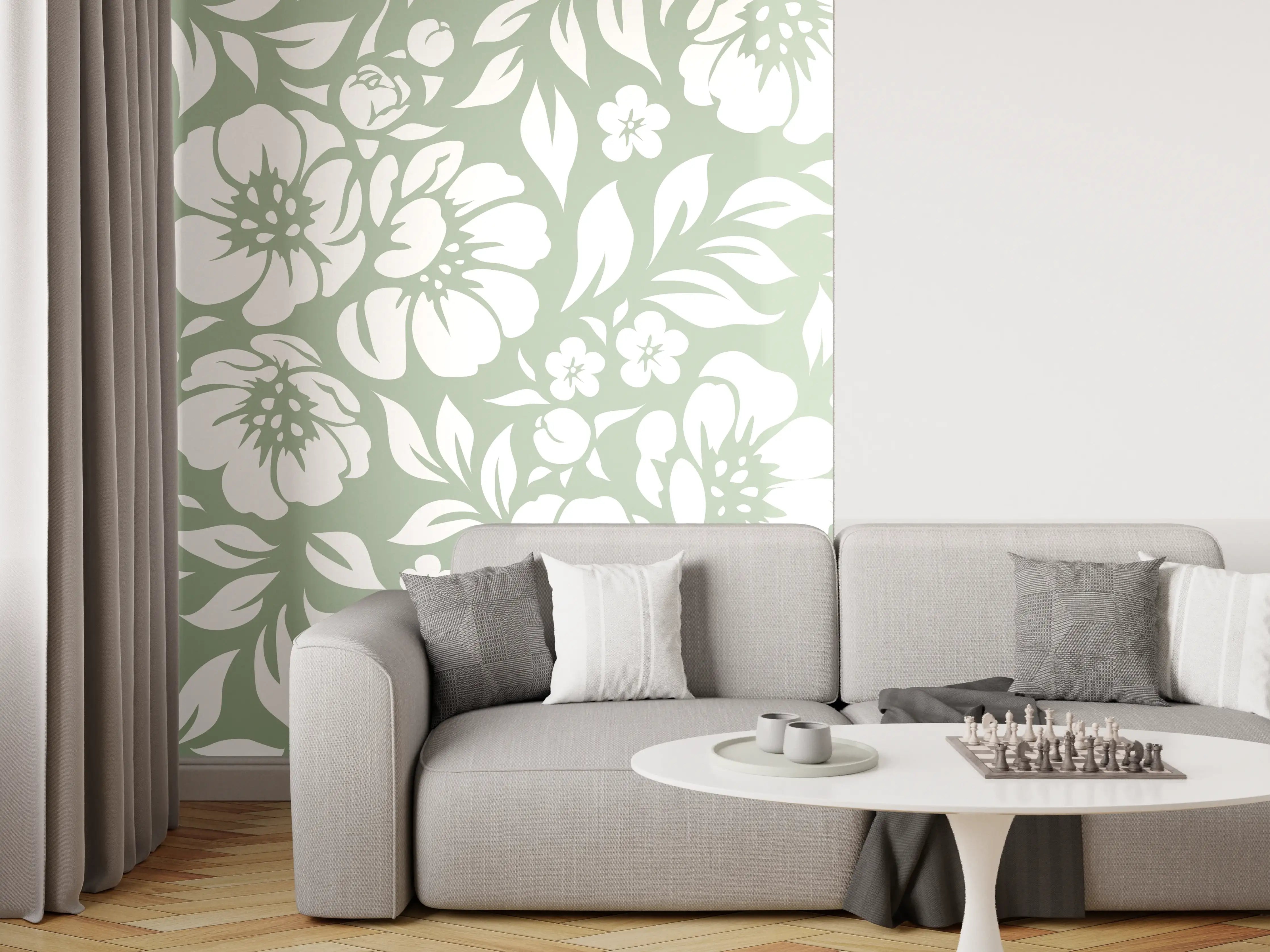 Wandverkleidung Wohnzimmer - Blumenmuster in zarten Tönen