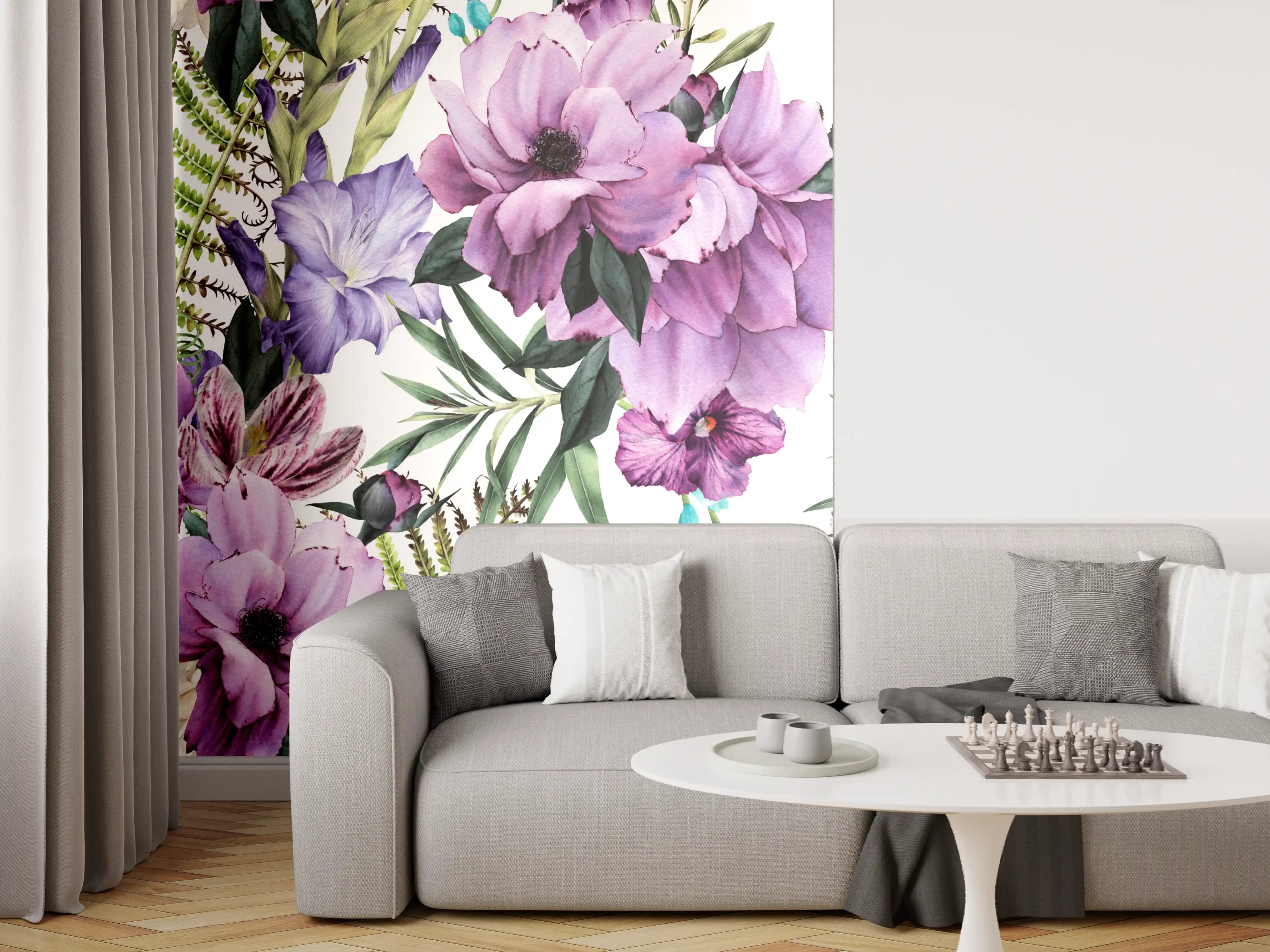 Wandverkleidung Wohnzimmer - Blumenmuster mit Rosen und Hortensien
