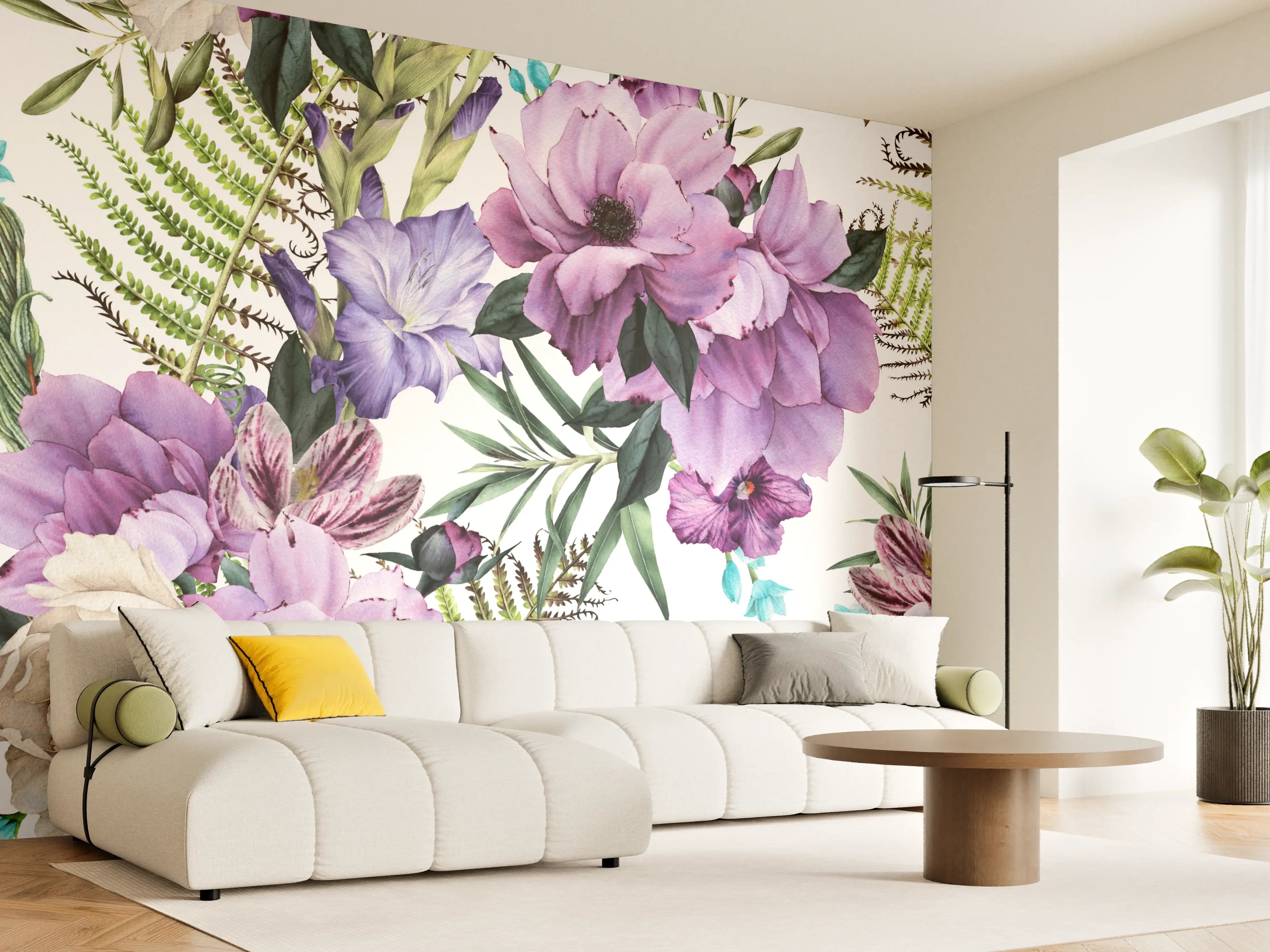 Wandverkleidung Wohnzimmer - Blumenmuster mit Rosen und Hortensien