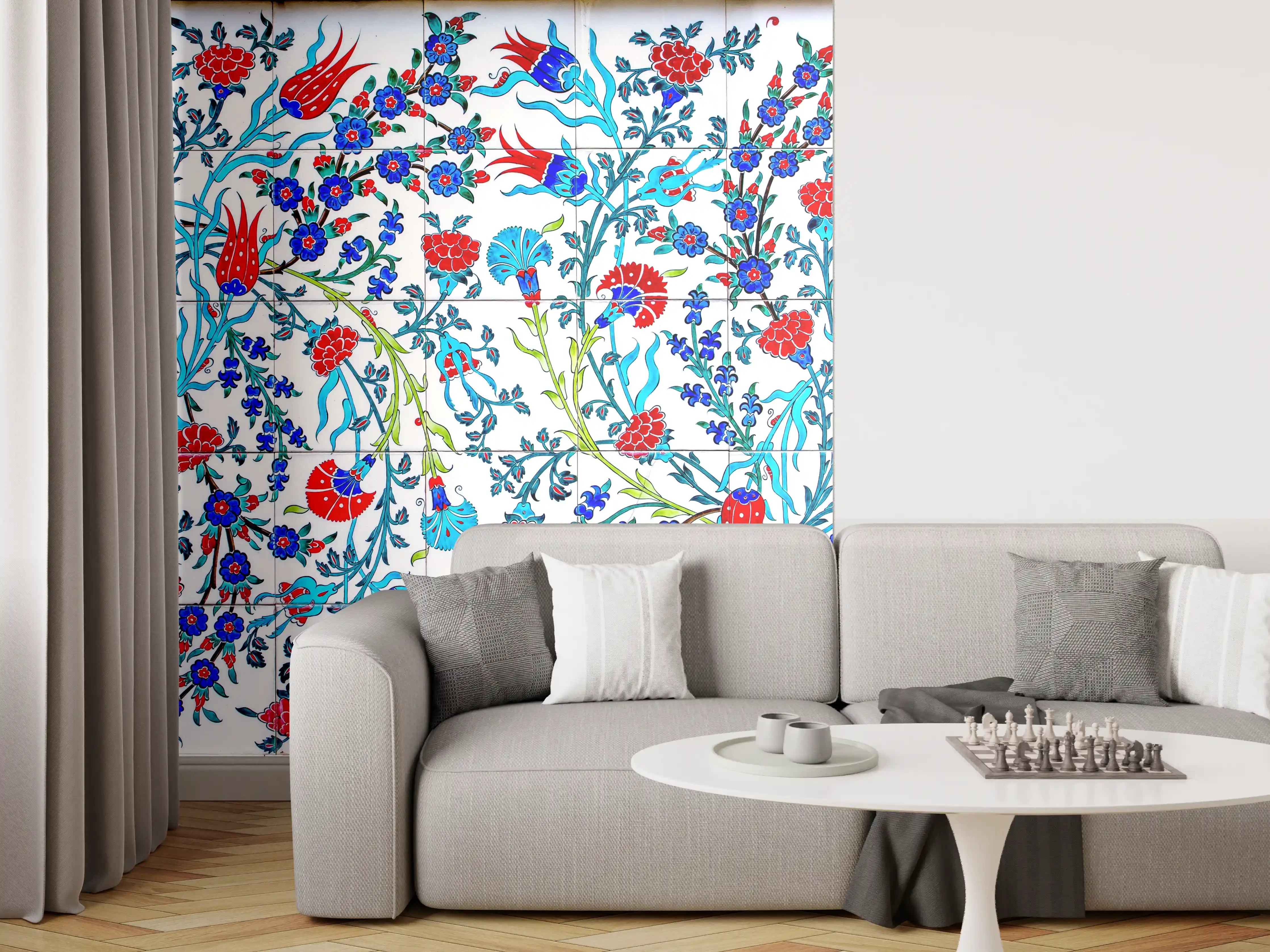 Wandverkleidung Wohnzimmer - Blumenmuster mit lebendigen Farben