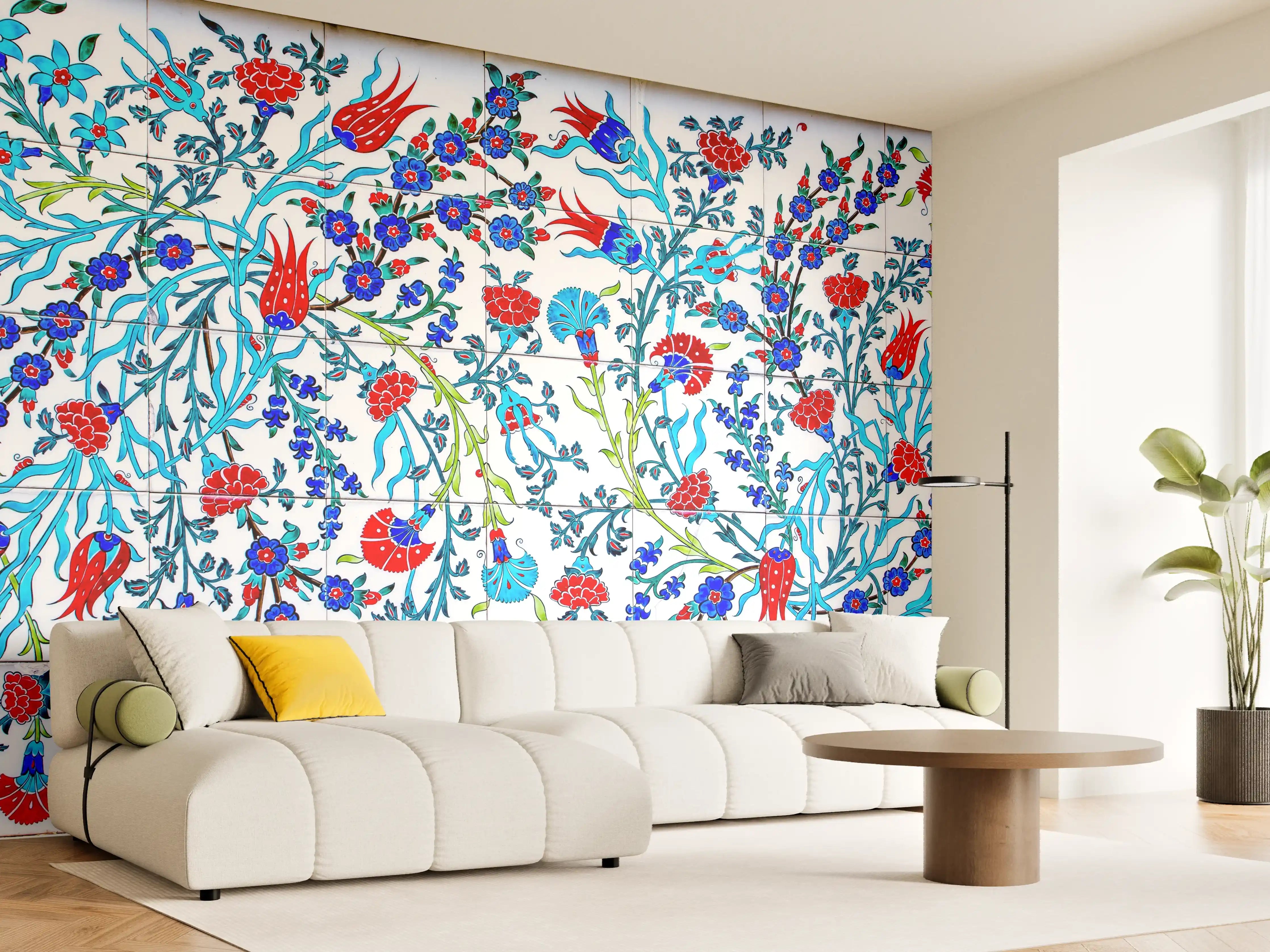 Wandverkleidung Wohnzimmer - Blumenmuster mit lebendigen Farben