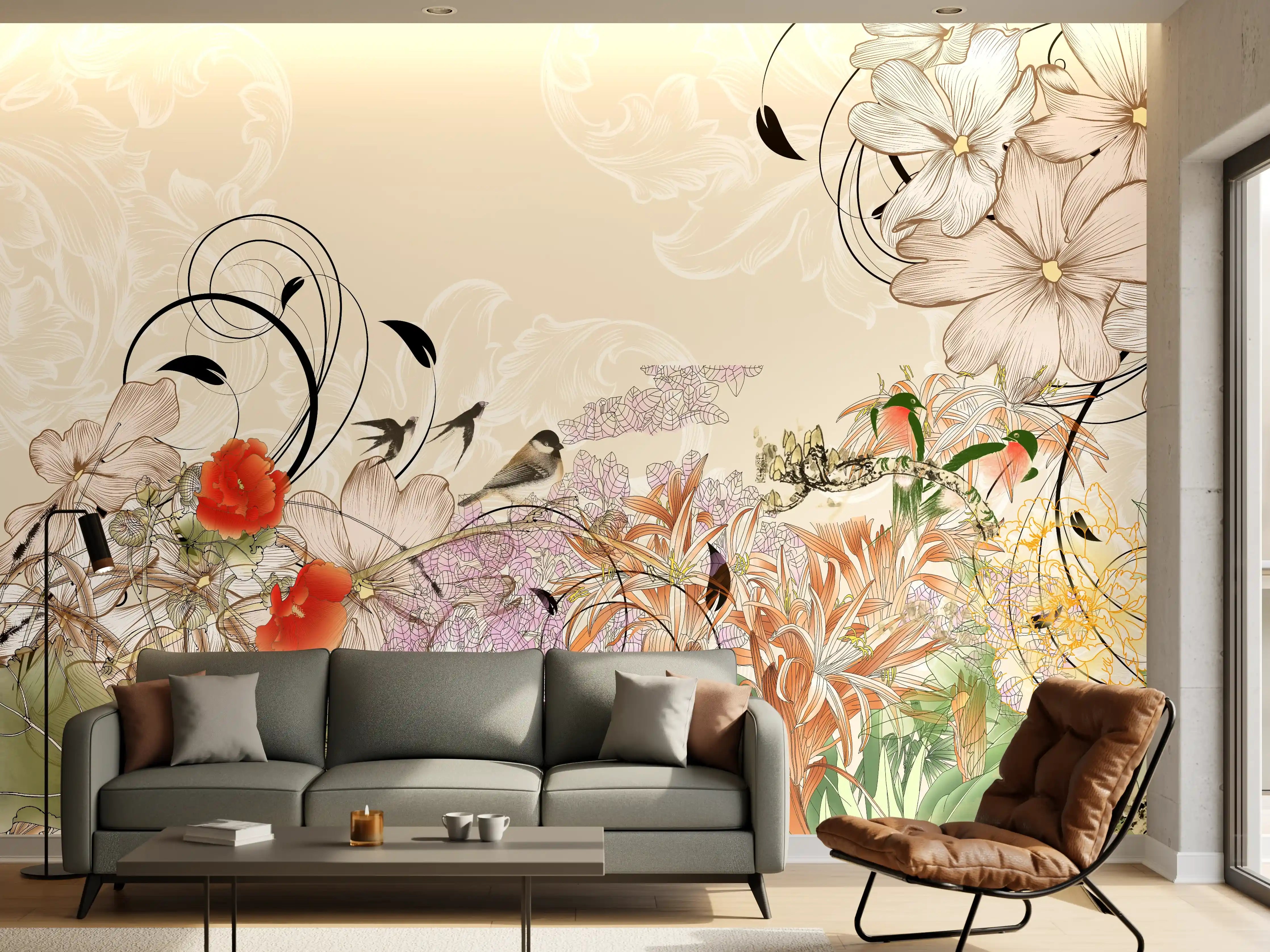 Wandverkleidung Wohnzimmer - Blumenmuster mit zarten Farben