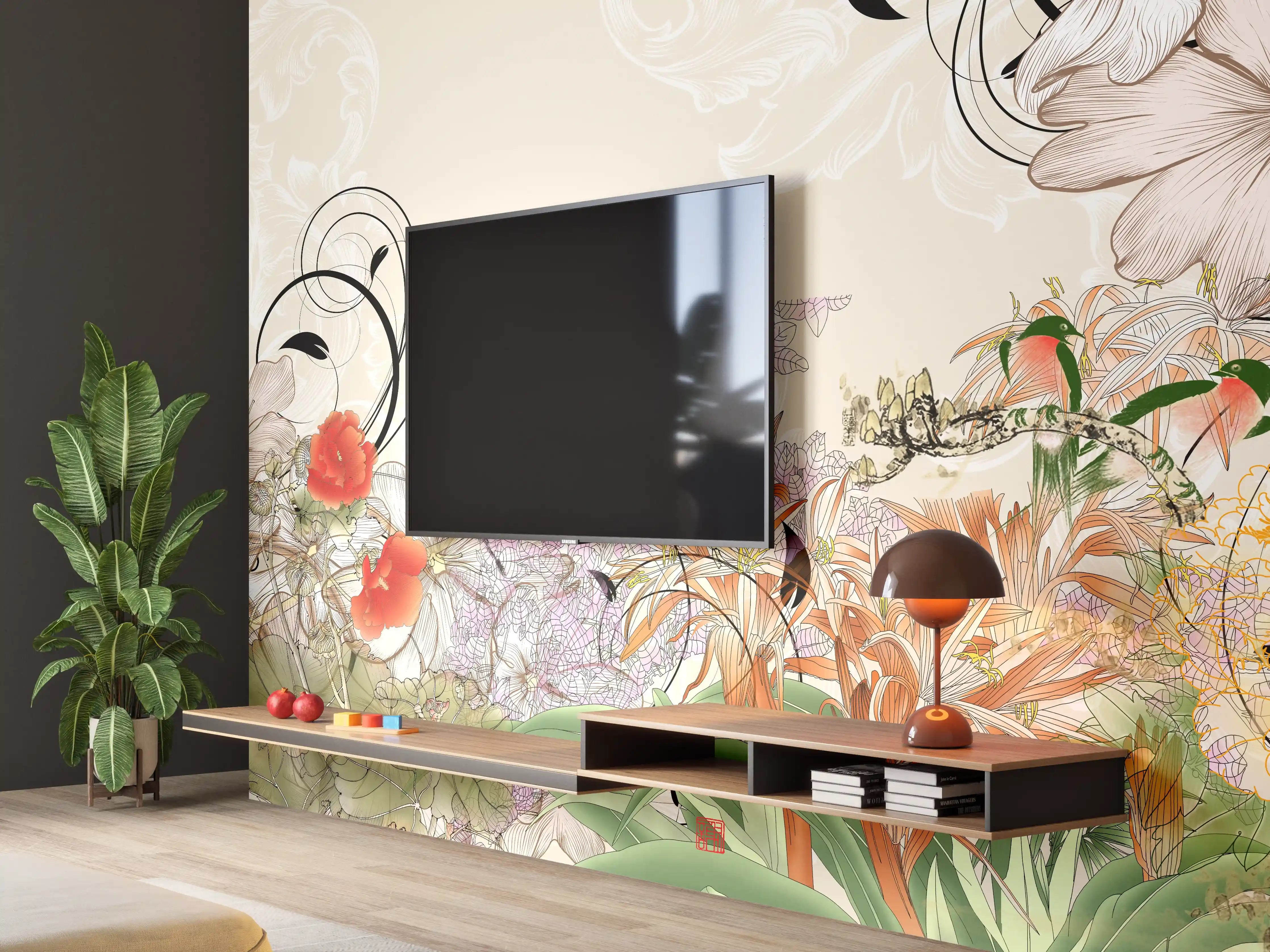 Wandverkleidung Wohnzimmer - Blumenmuster mit zarten Farben