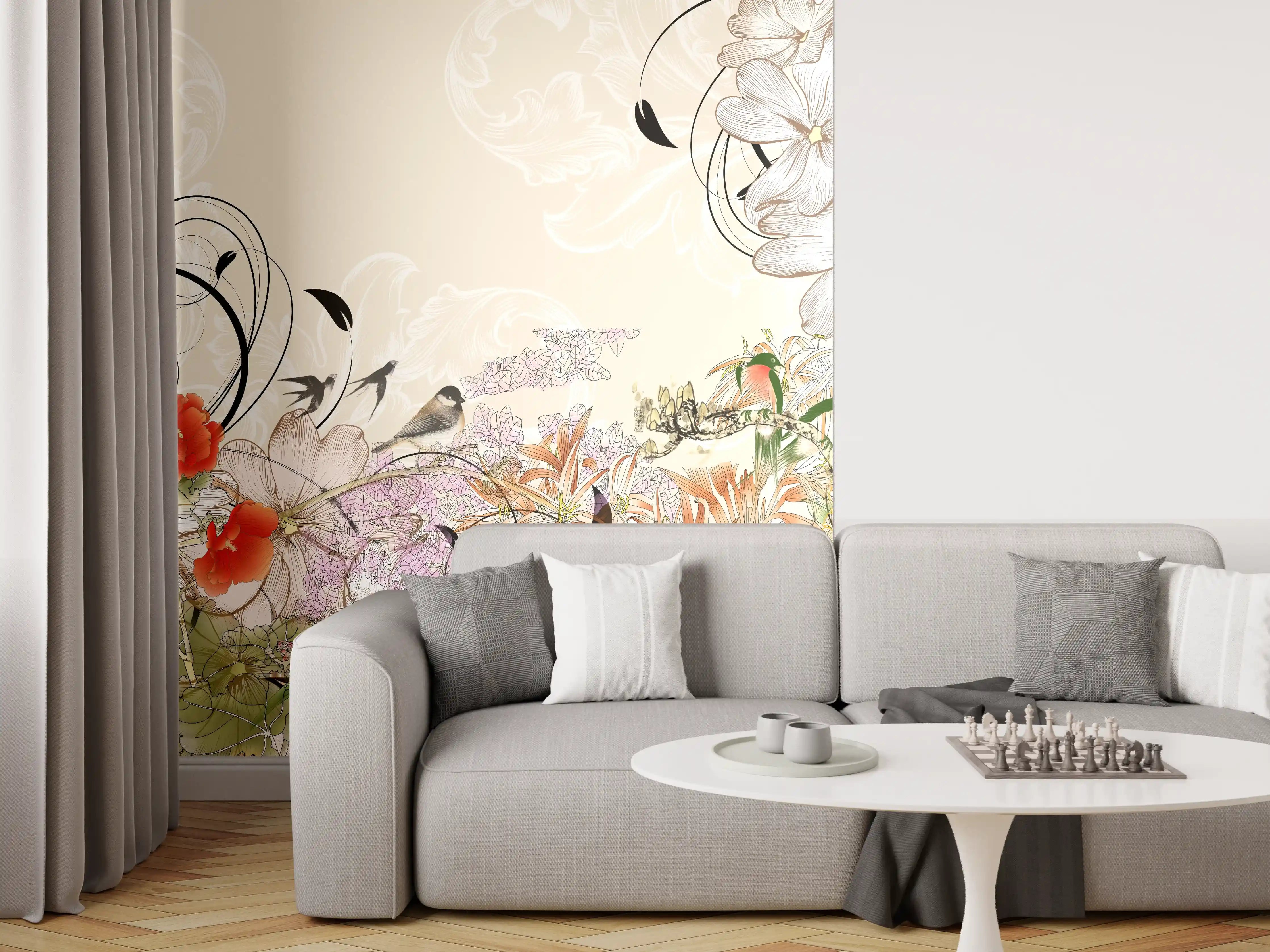 Wandverkleidung Wohnzimmer - Blumenmuster mit zarten Farben