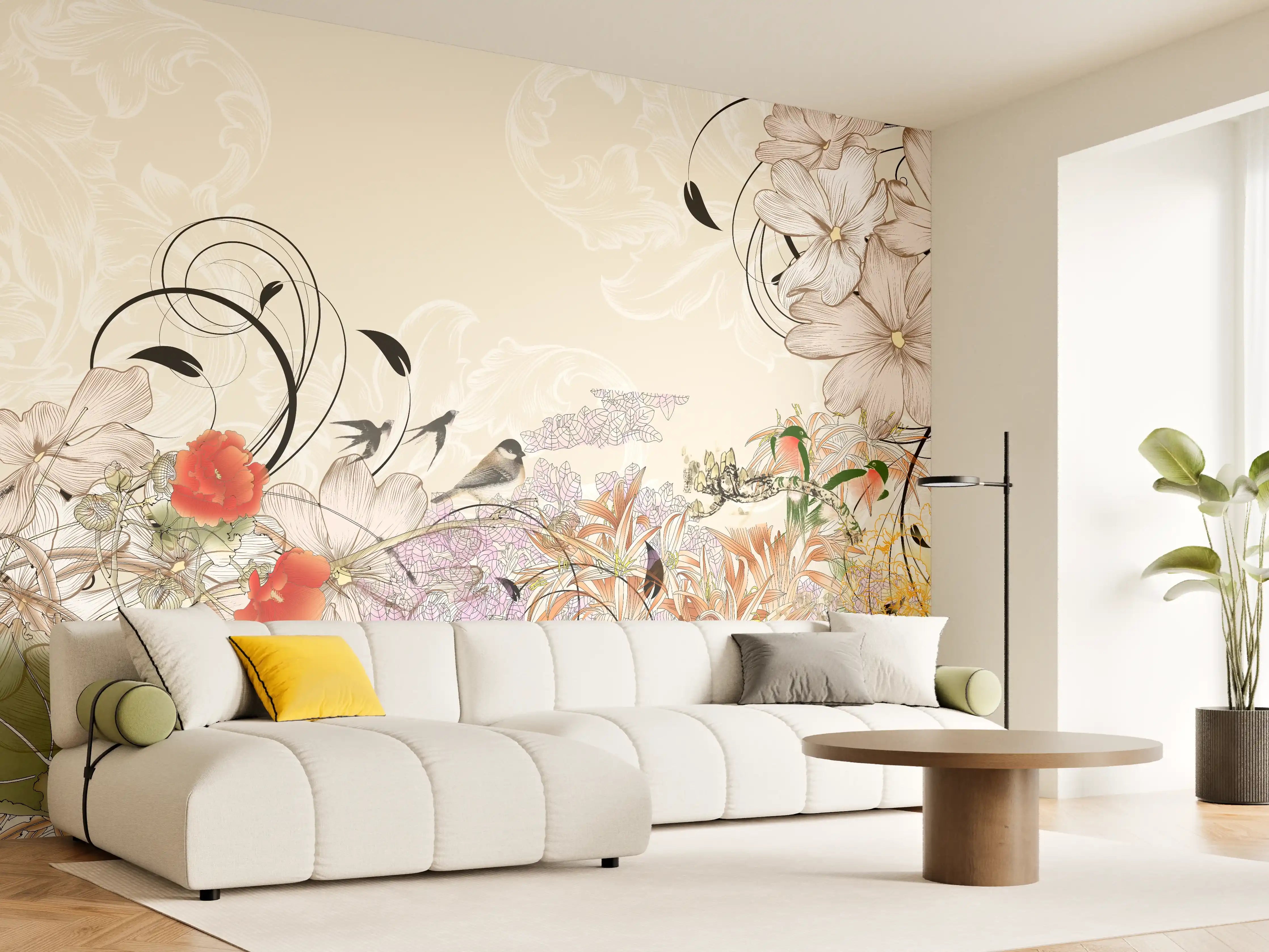 Wandverkleidung Wohnzimmer - Blumenmuster mit zarten Farben