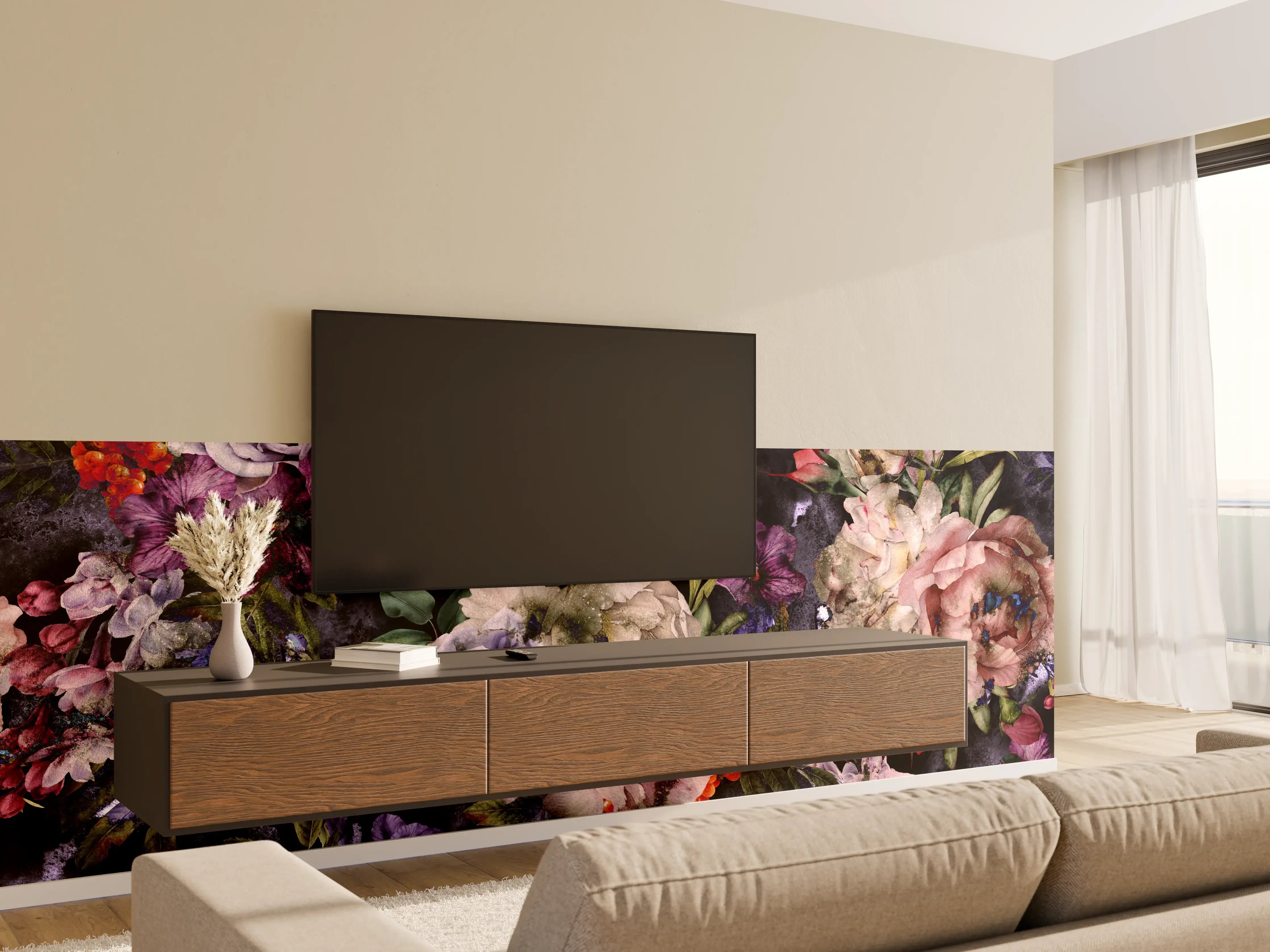 Wandverkleidung Wohnzimmer - Blumenpracht in Pastellfarben