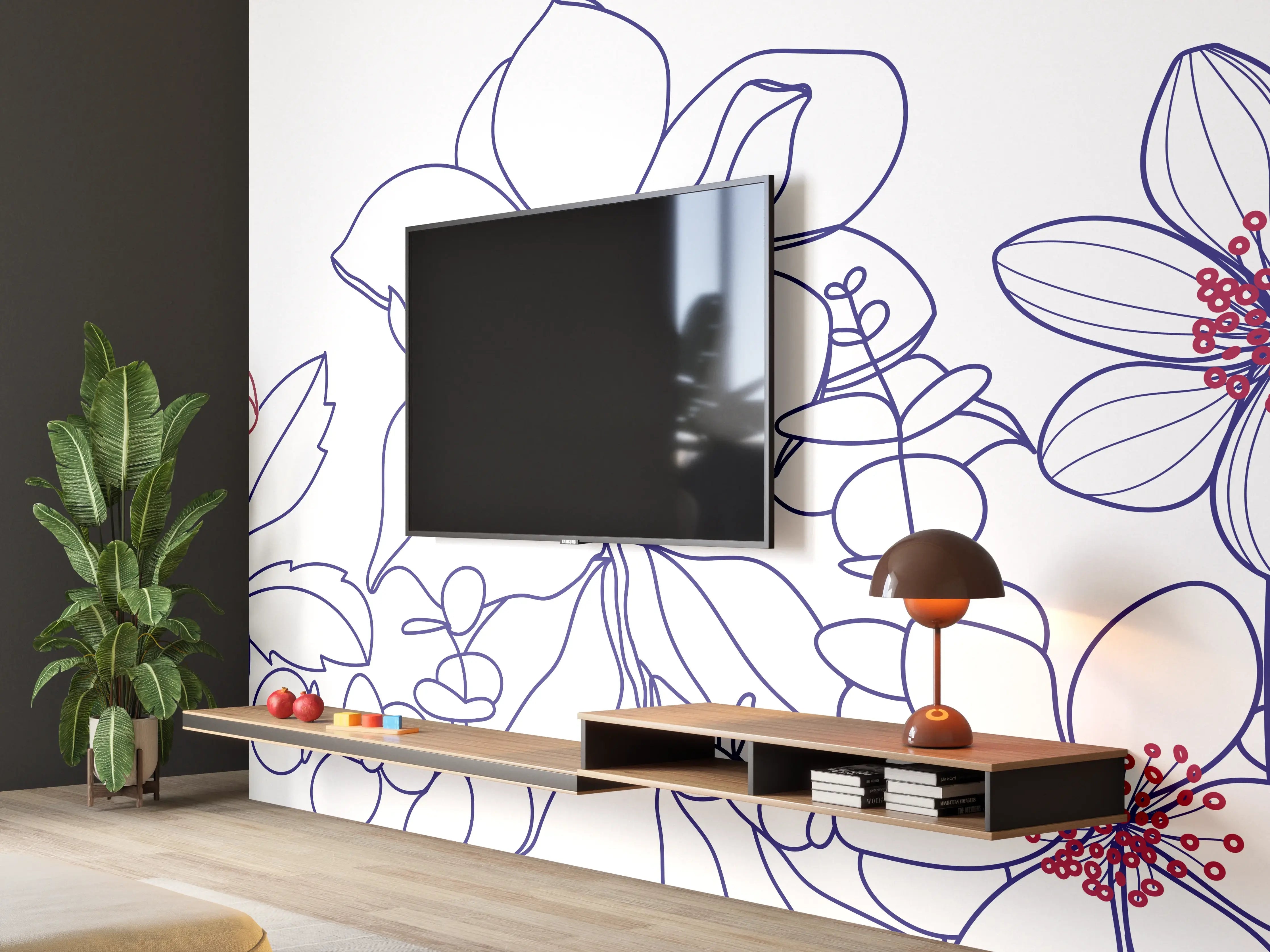 Wandverkleidung Wohnzimmer - Blumenstrauß Linienzeichnung Wanddekor