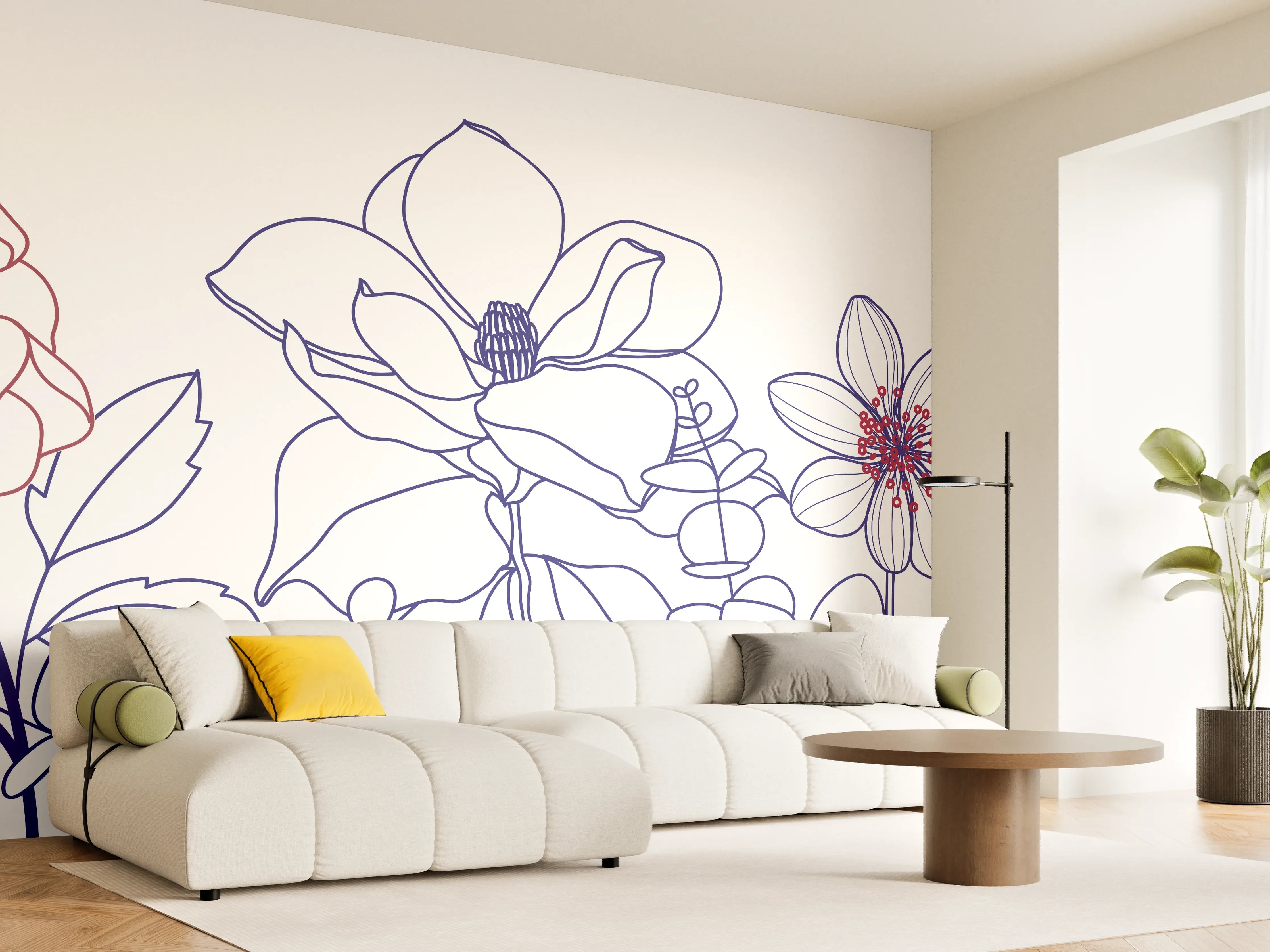 Wandverkleidung Wohnzimmer - Blumenstrauß Linienzeichnung Wanddekor