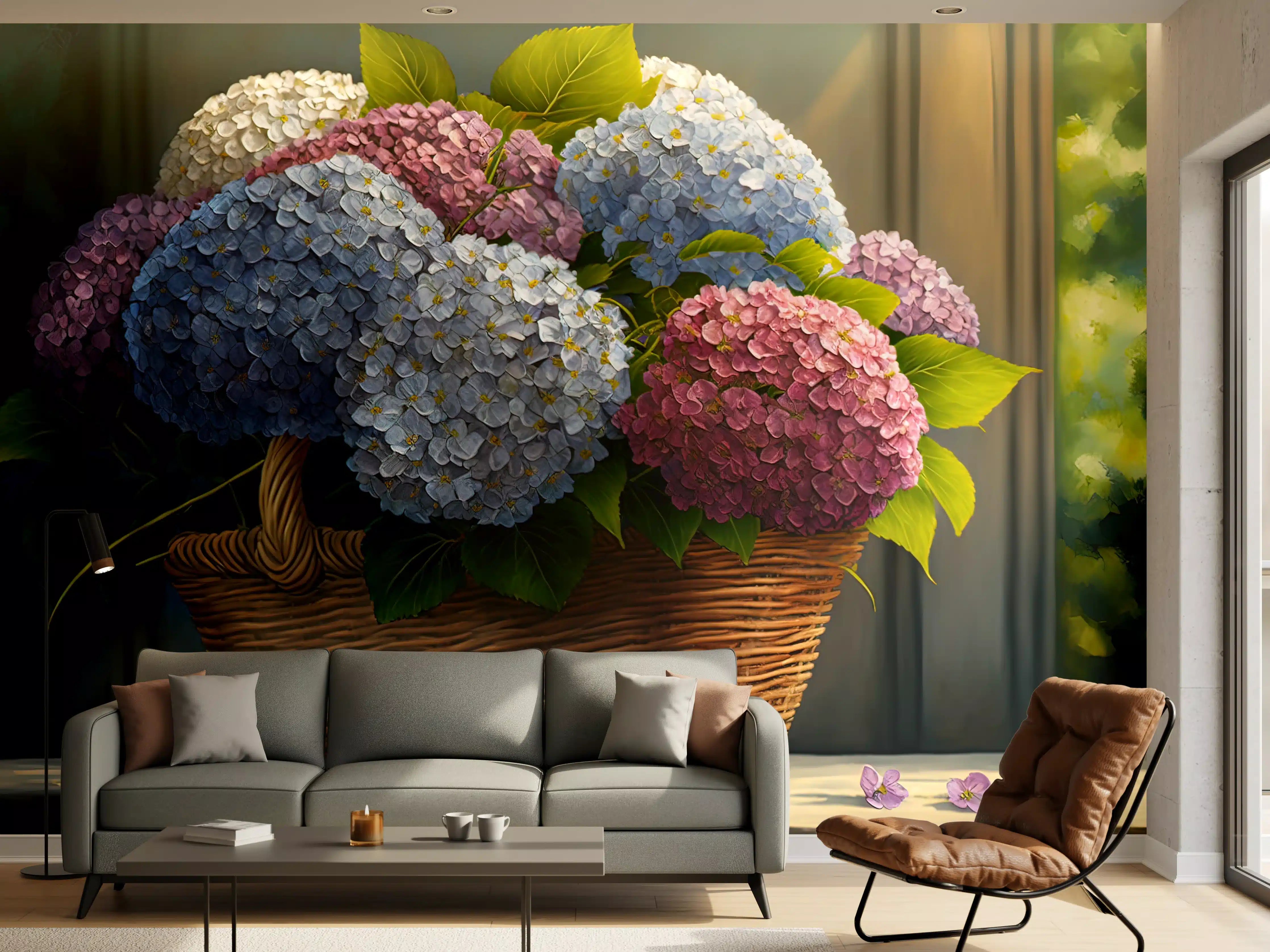 Wandverkleidung Wohnzimmer - Blumenstrauß aus Hortensien in Korb