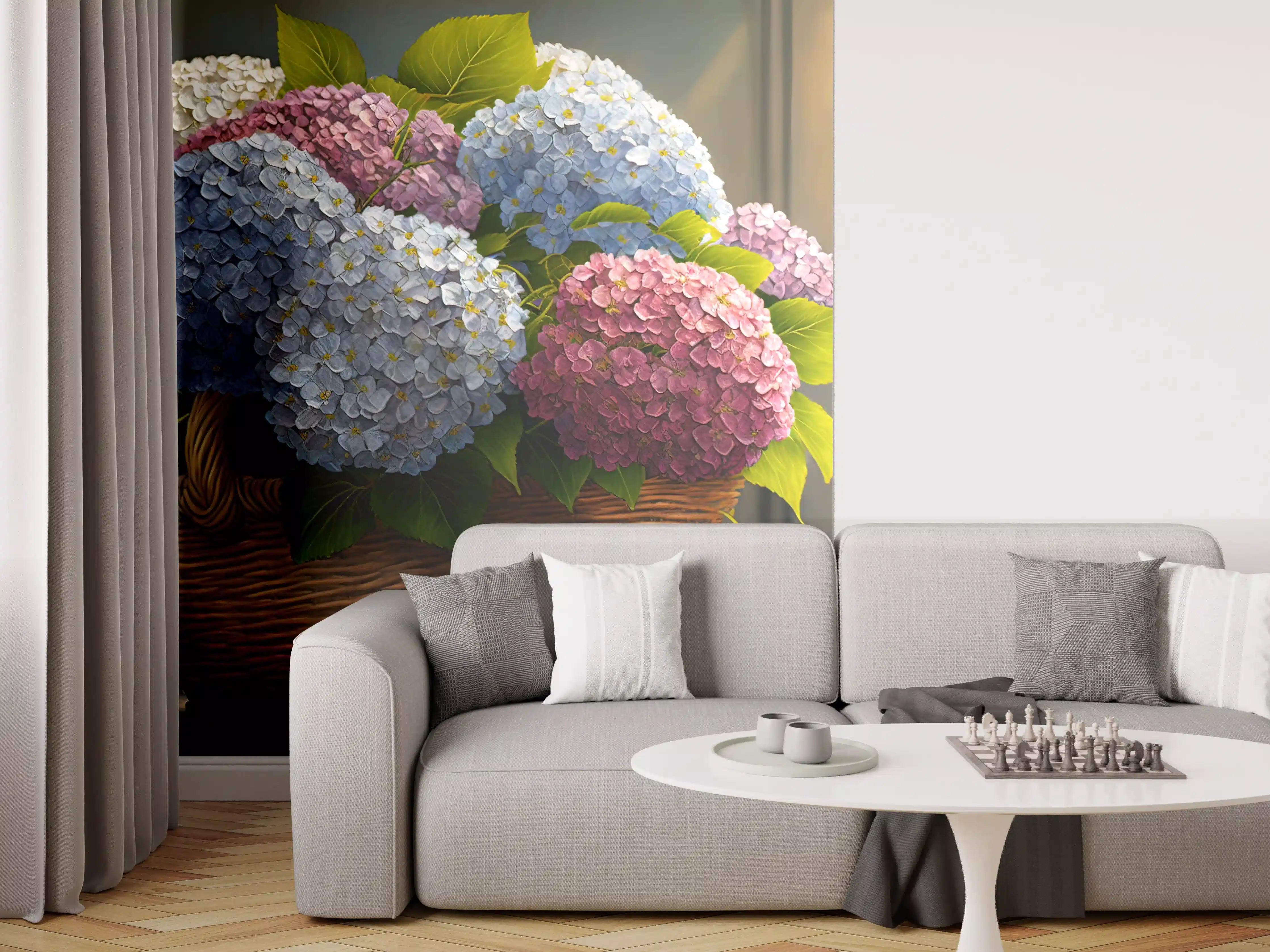 Wandverkleidung Wohnzimmer - Blumenstrauß aus Hortensien in Korb