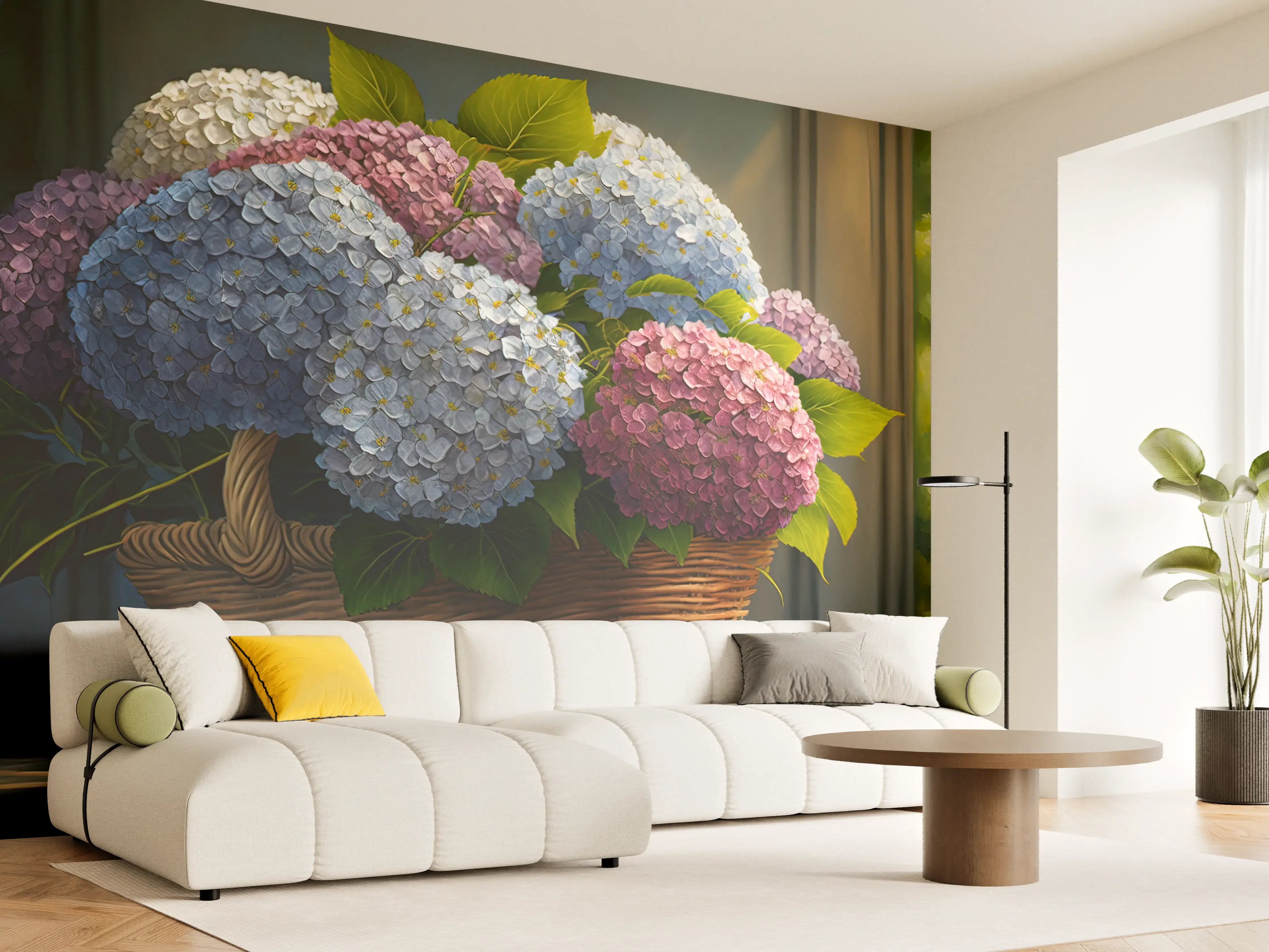 Wandverkleidung Wohnzimmer - Blumenstrauß aus Hortensien in Korb