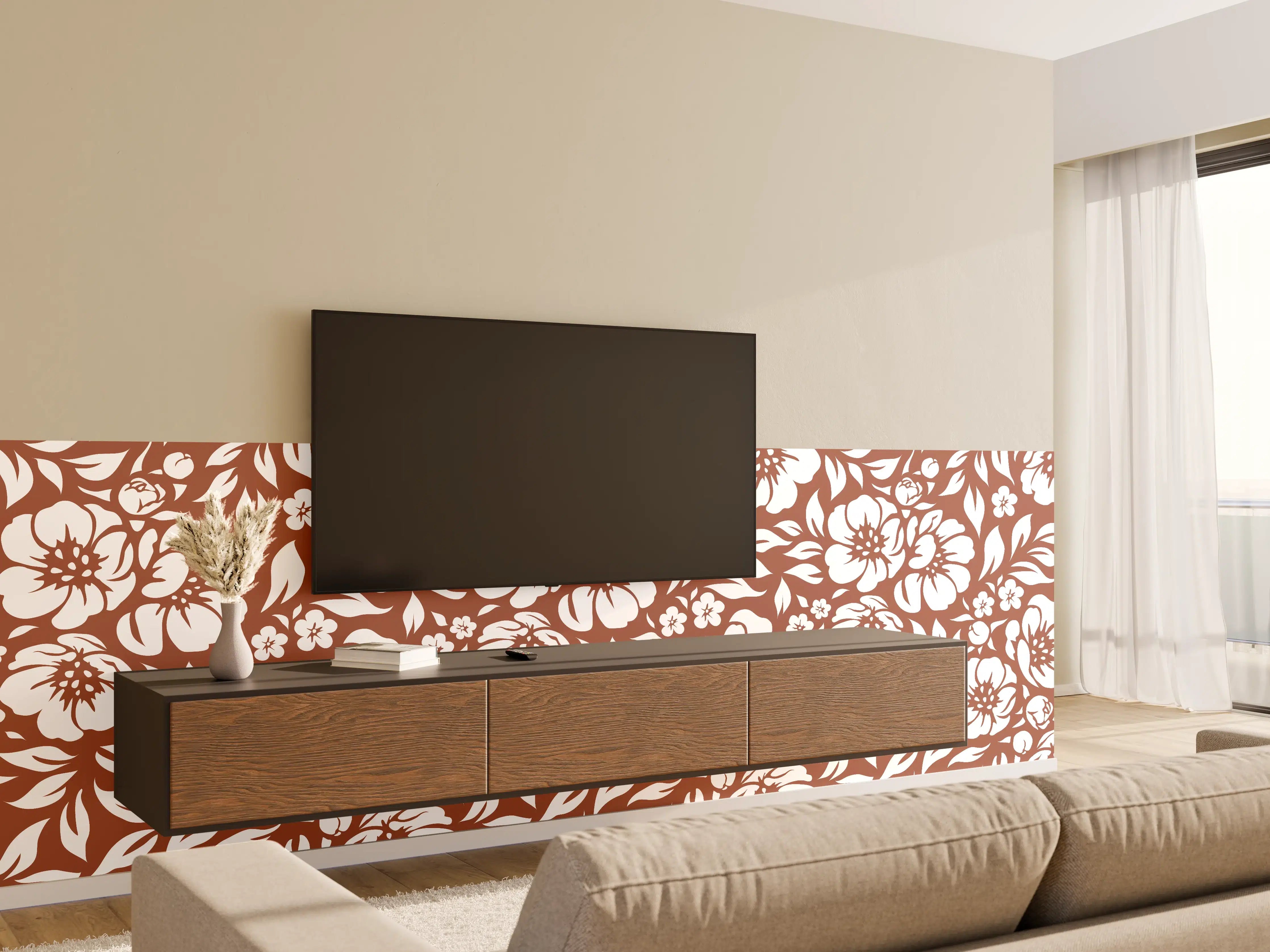 Wandverkleidung Wohnzimmer - Blumentapete mit floralen Muster in Braun und Weiß