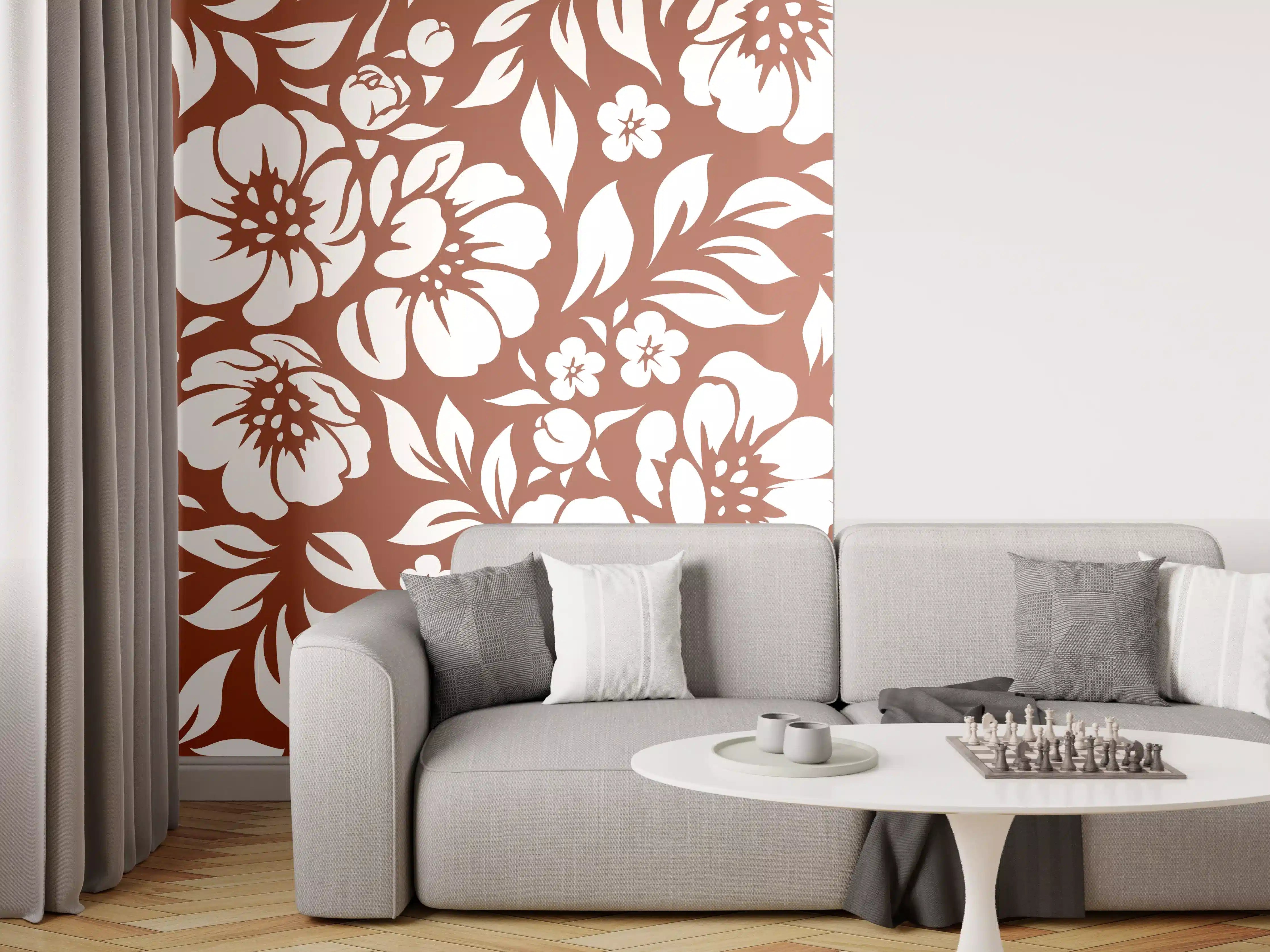 Wandverkleidung Wohnzimmer - Blumentapete mit floralen Muster in Braun und Weiß