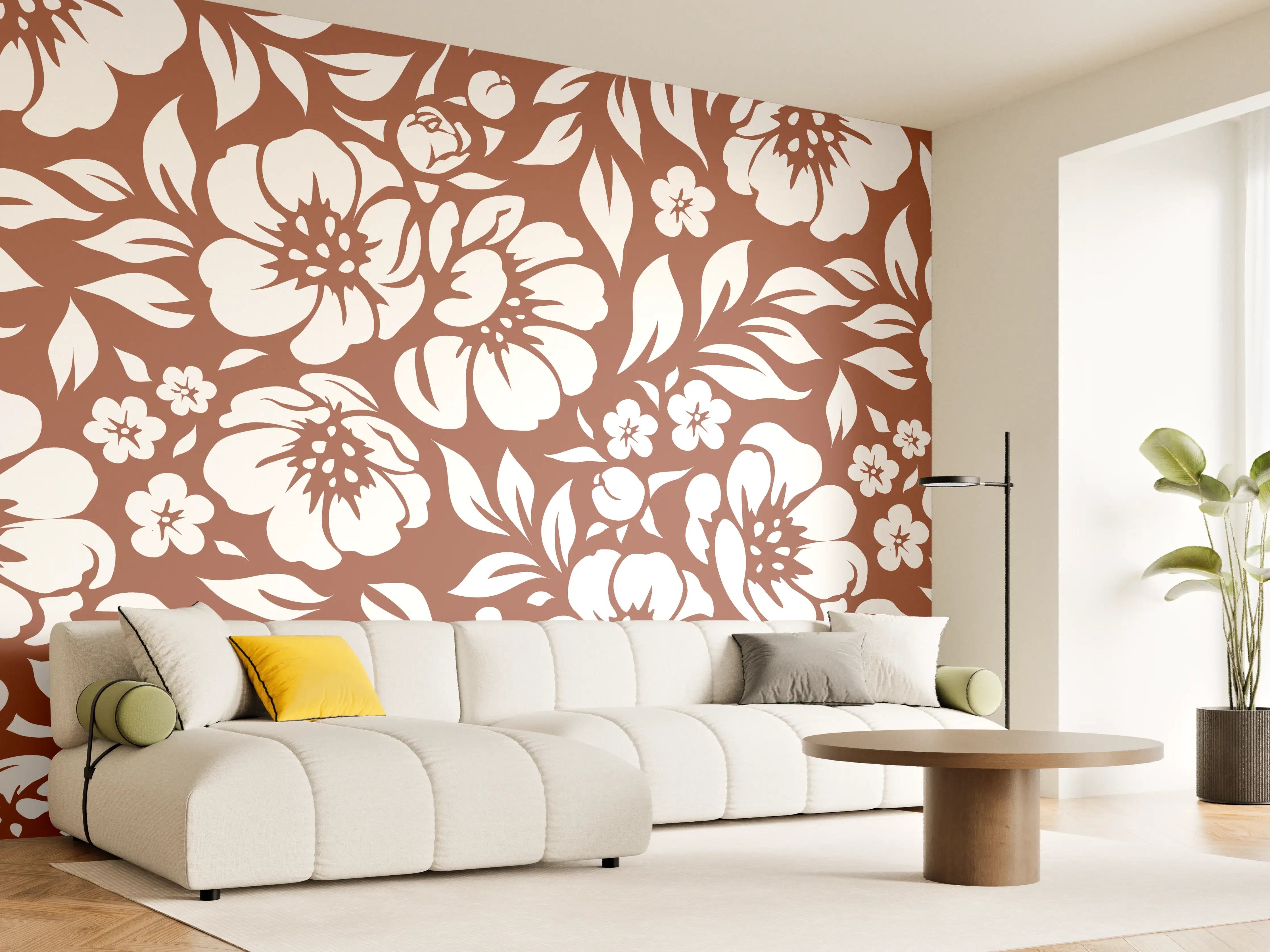 Wandverkleidung Wohnzimmer - Blumentapete mit floralen Muster in Braun und Weiß