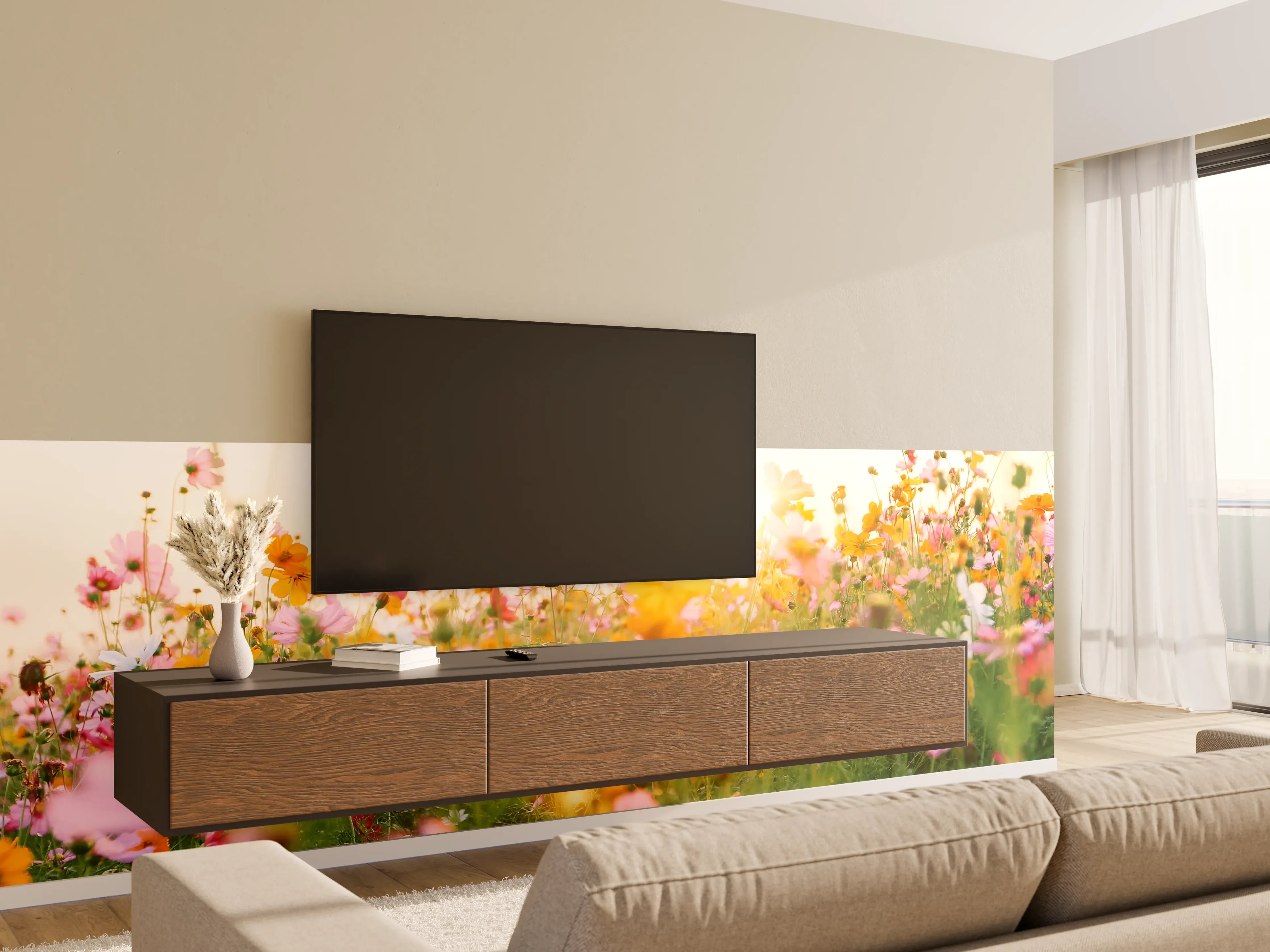 Wandverkleidung Wohnzimmer - Blumenwiese bei Sonnenaufgang