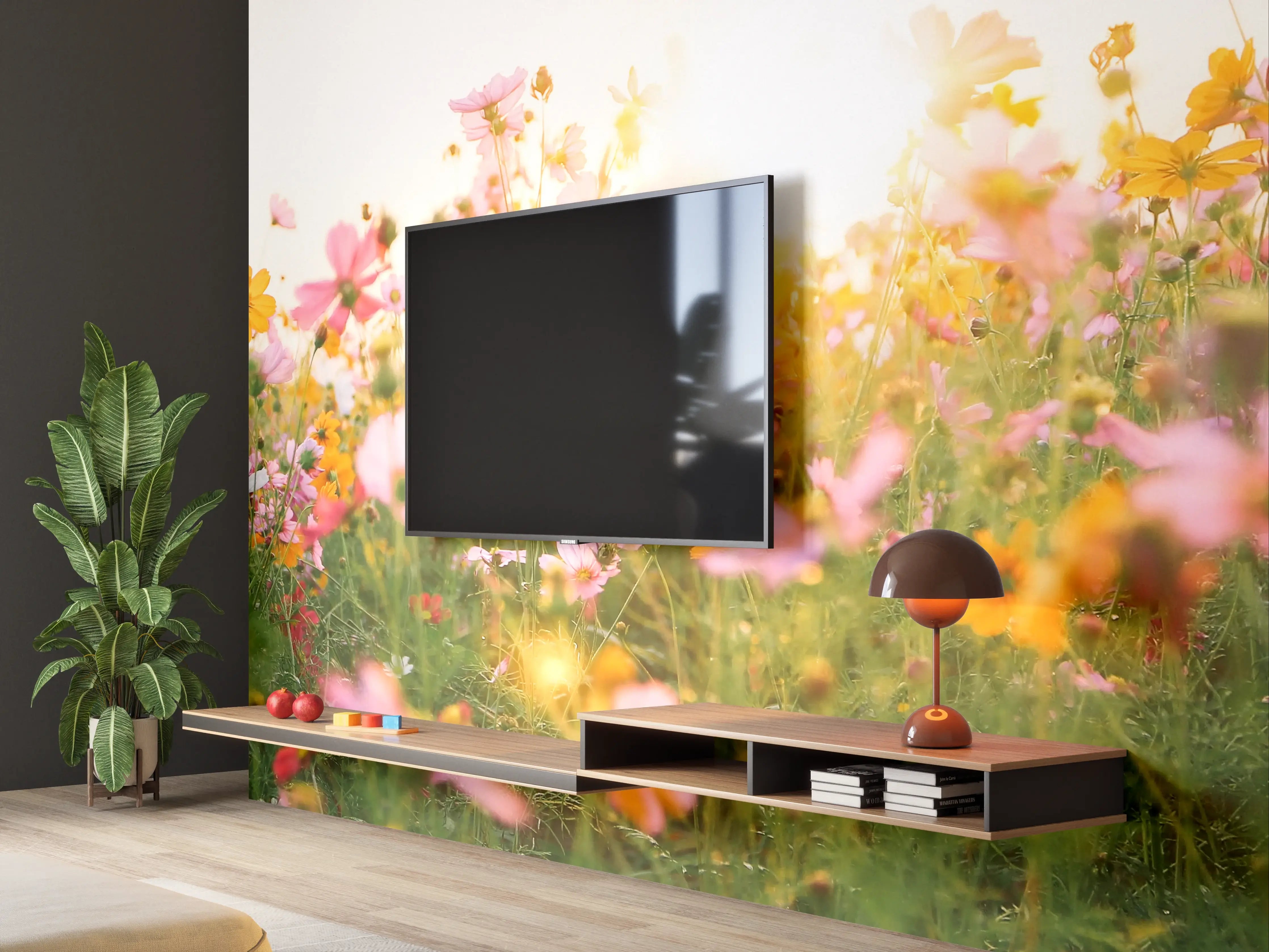 Wandverkleidung Wohnzimmer - Blumenwiese bei Sonnenaufgang