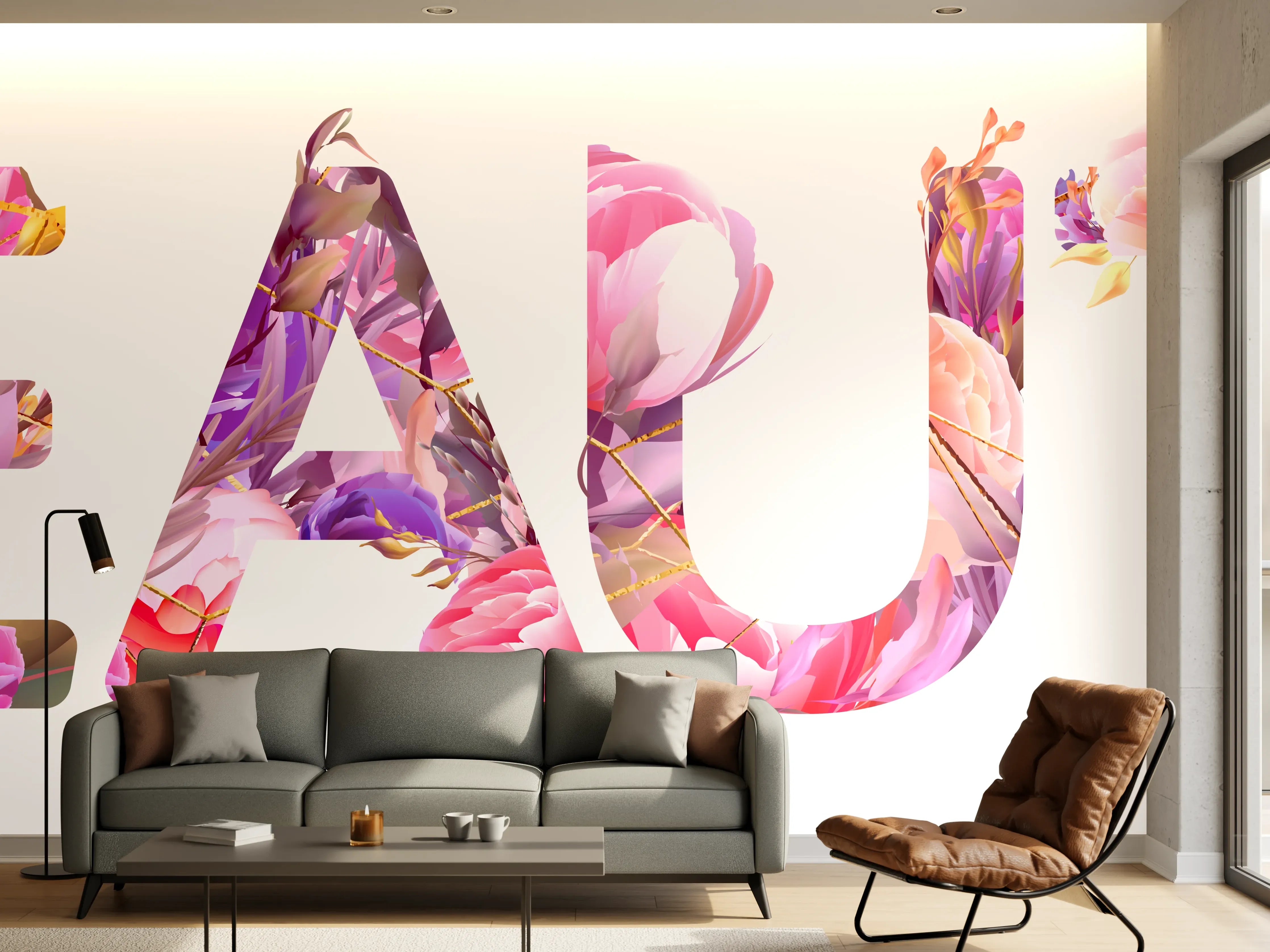 Wandverkleidung Wohnzimmer - Blumige Beauty-Schrift