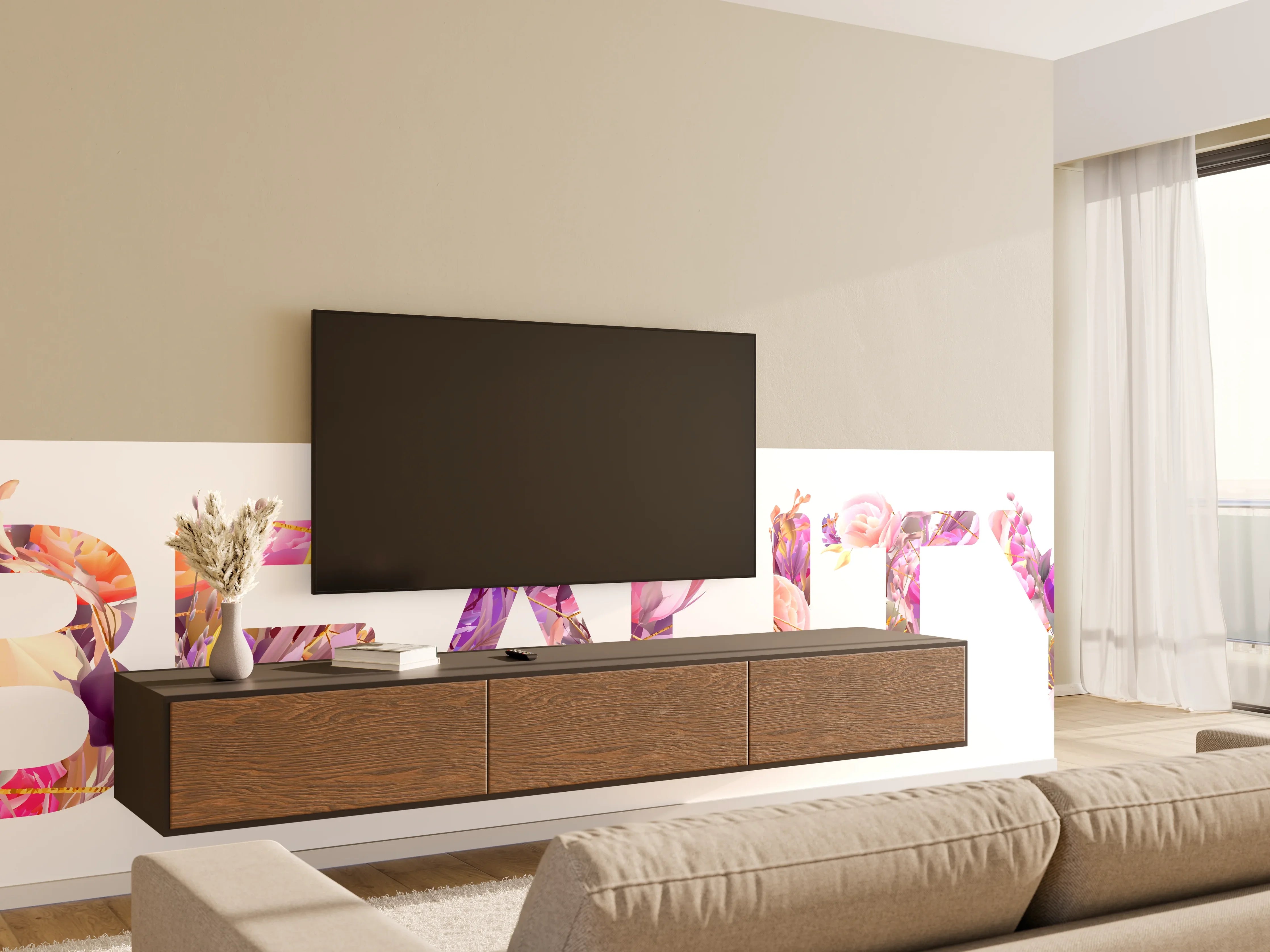 Wandverkleidung Wohnzimmer - Blumige Beauty-Schrift