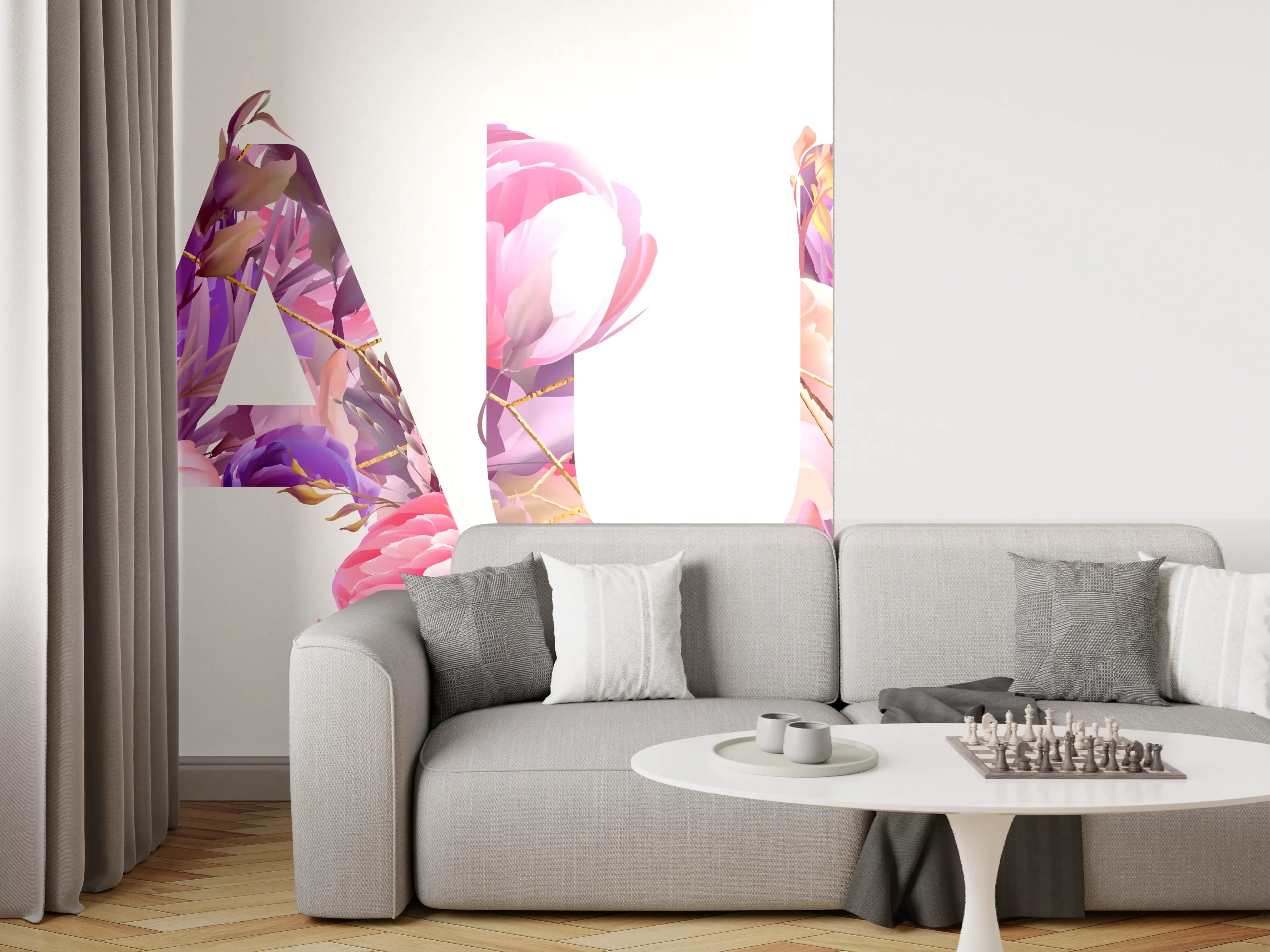 Wandverkleidung Wohnzimmer - Blumige Beauty-Schrift