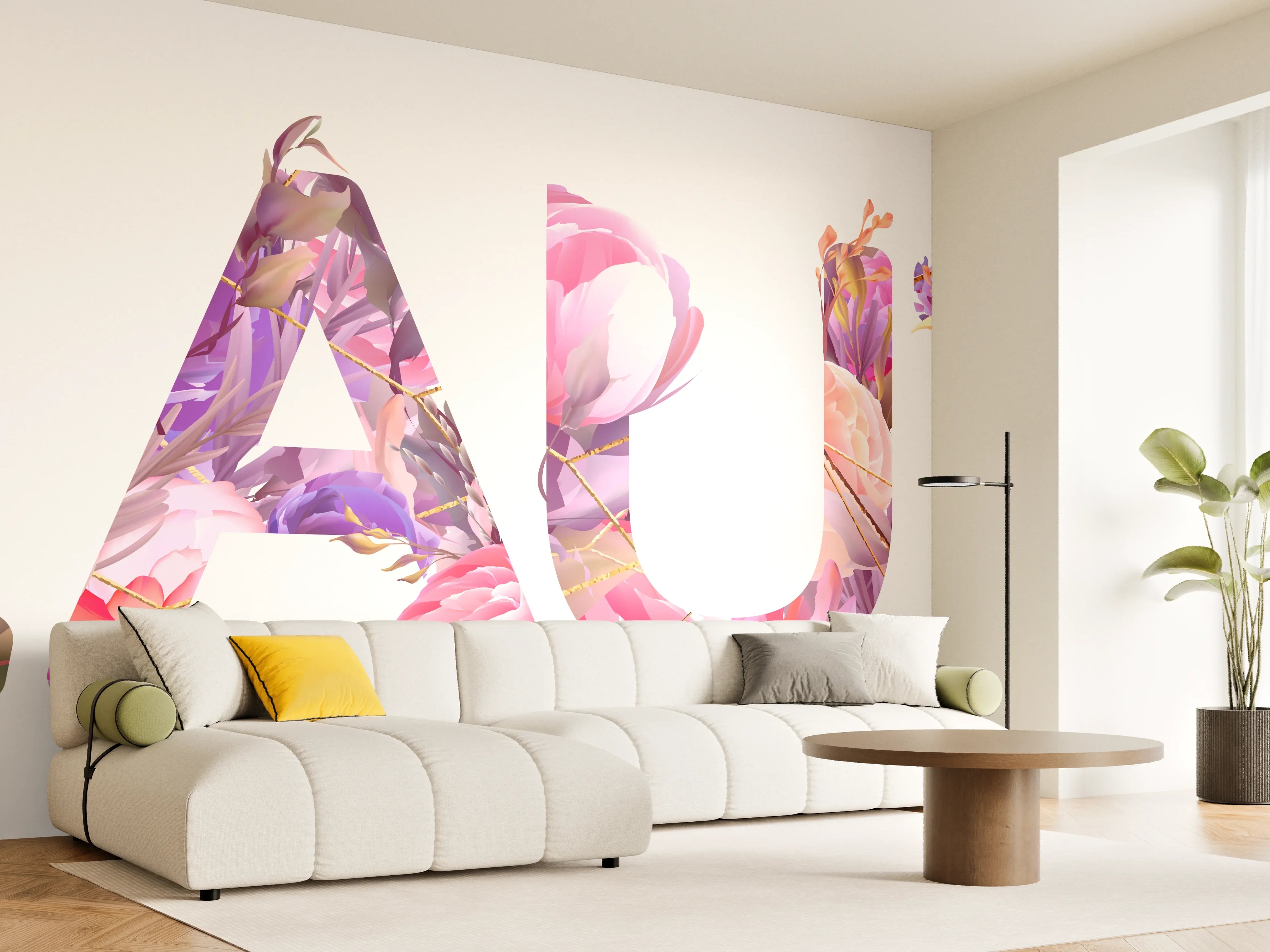 Wandverkleidung Wohnzimmer - Blumige Beauty-Schrift