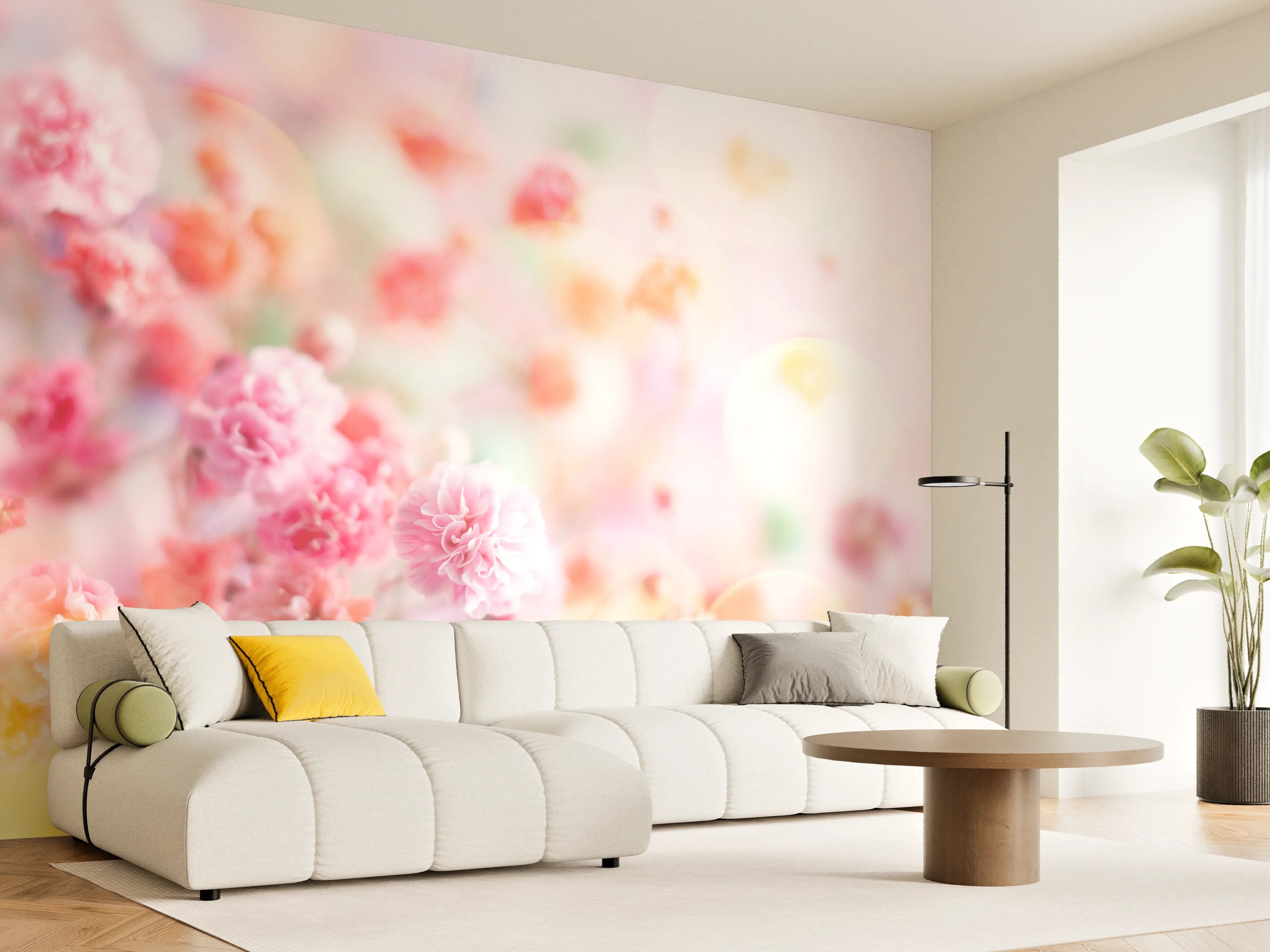 Wandverkleidung Wohnzimmer - Blumige Eleganz in zarten Pastelltönen