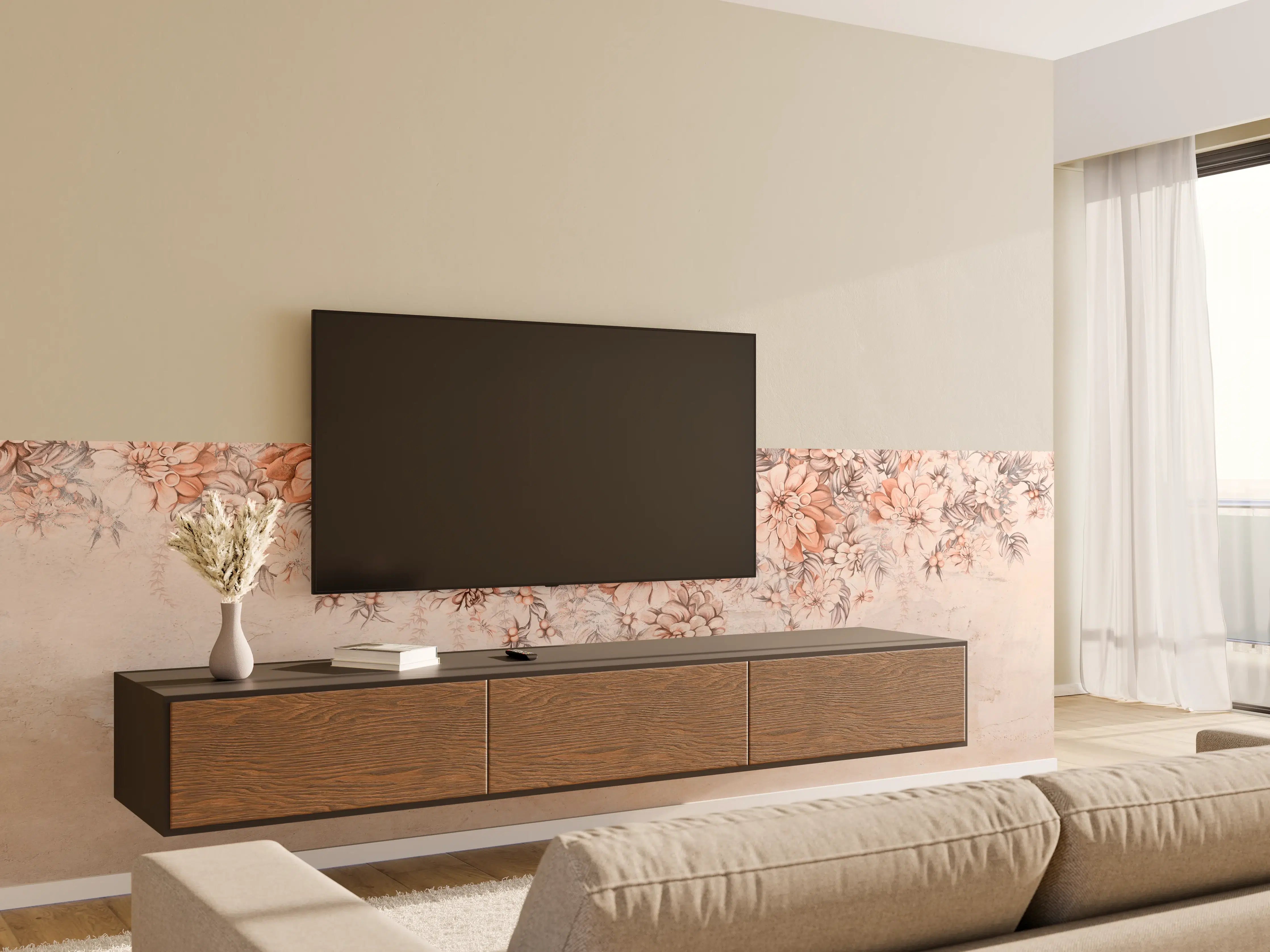 Wandverkleidung Wohnzimmer - Blumige Grunge Darstellung