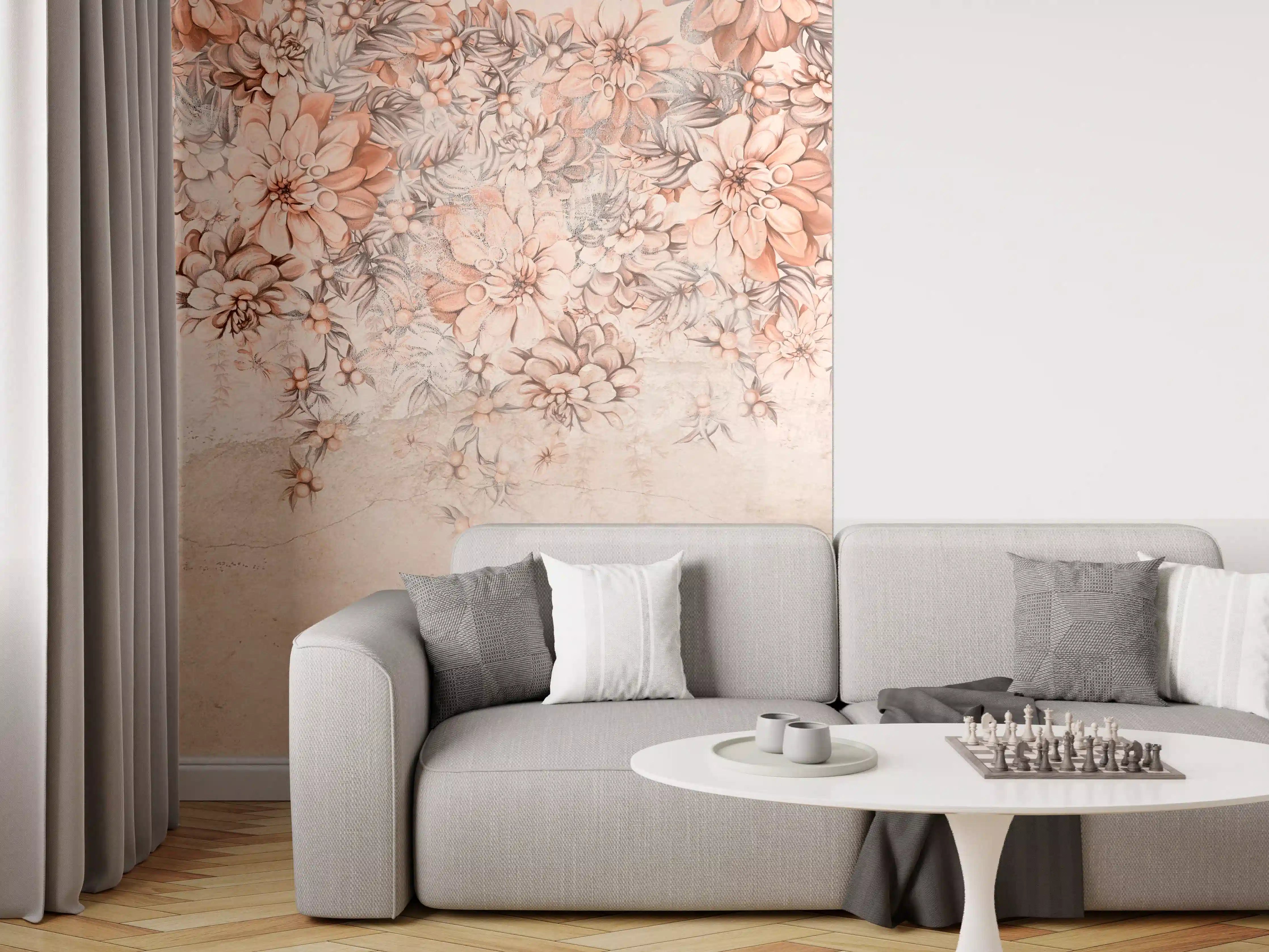Wandverkleidung Wohnzimmer - Blumige Grunge Darstellung