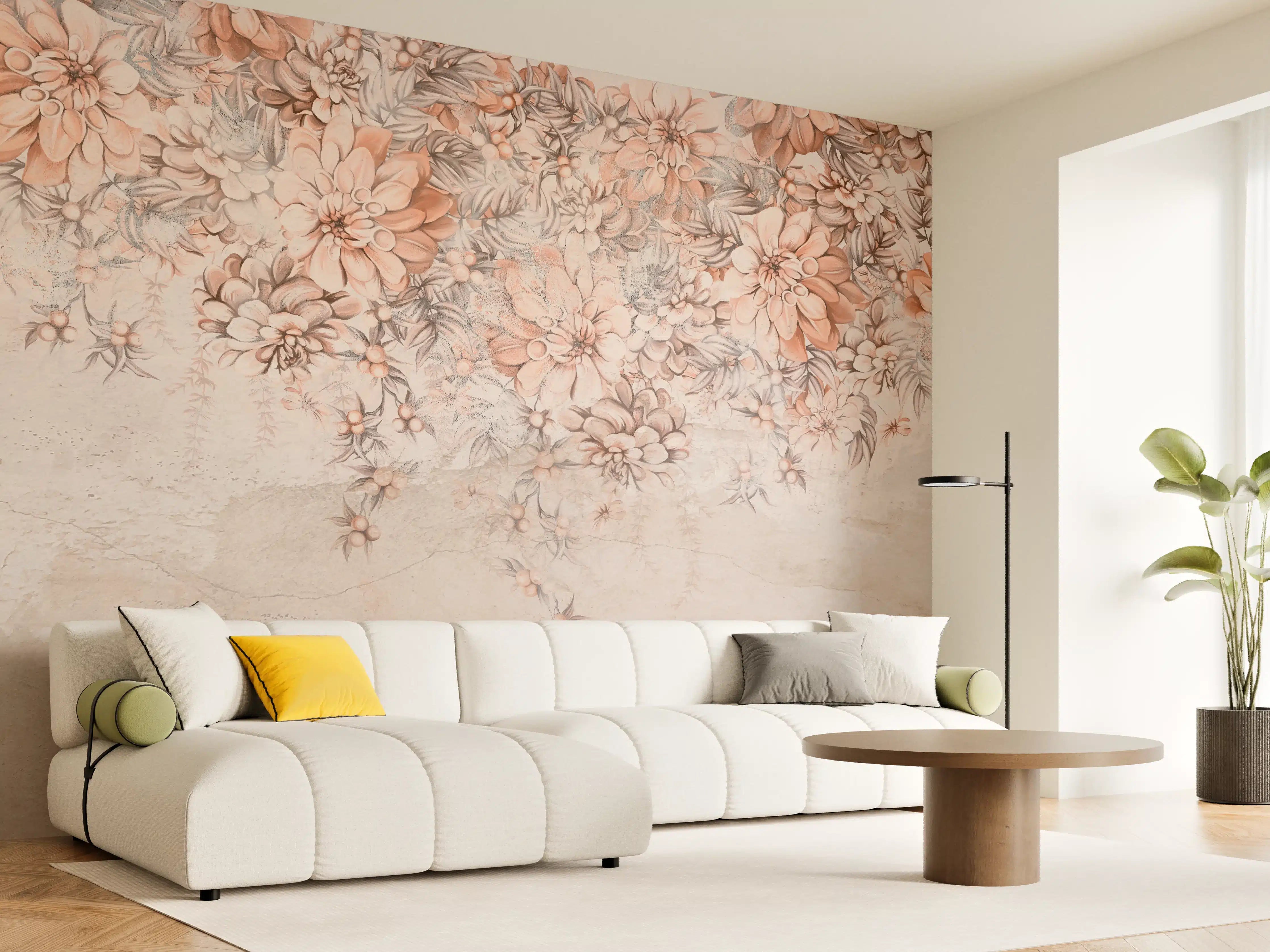 Wandverkleidung Wohnzimmer - Blumige Grunge Darstellung