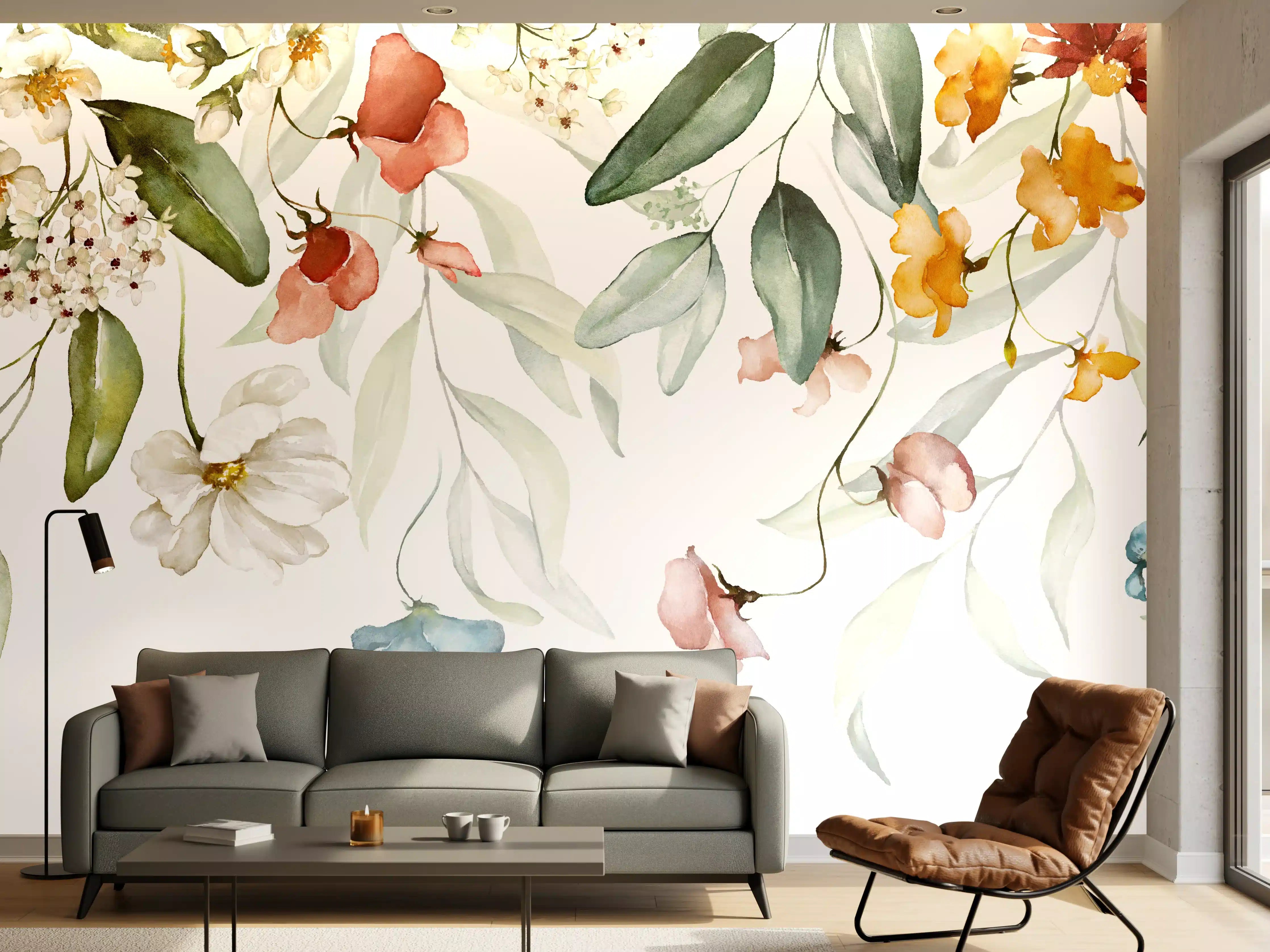 Wandverkleidung Wohnzimmer - Blumige Watercolor-Illustration mit zarten Farbtönen